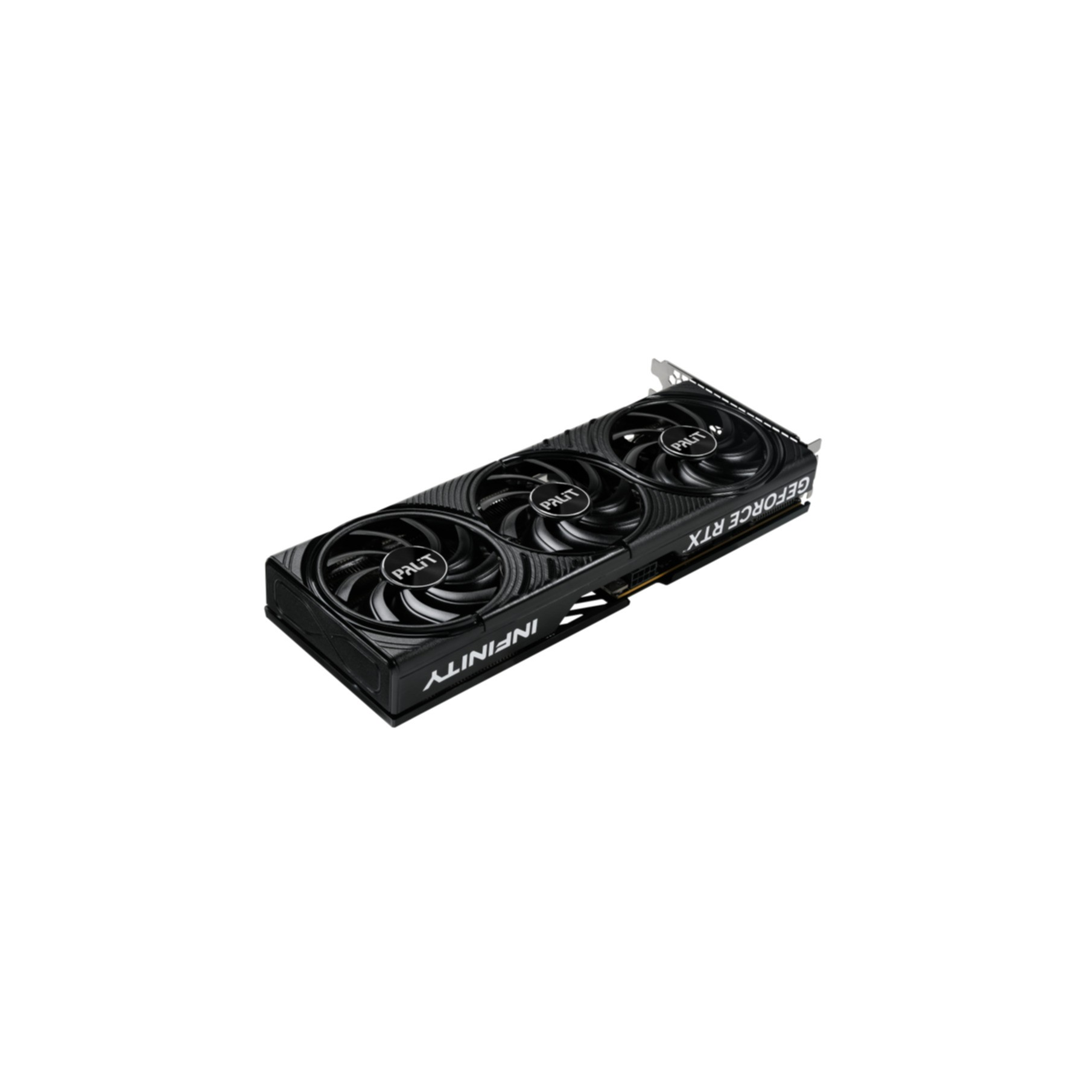 Schwarze Grafikkarte mit drei Lüftern und GeForce RTX Schriftzug.