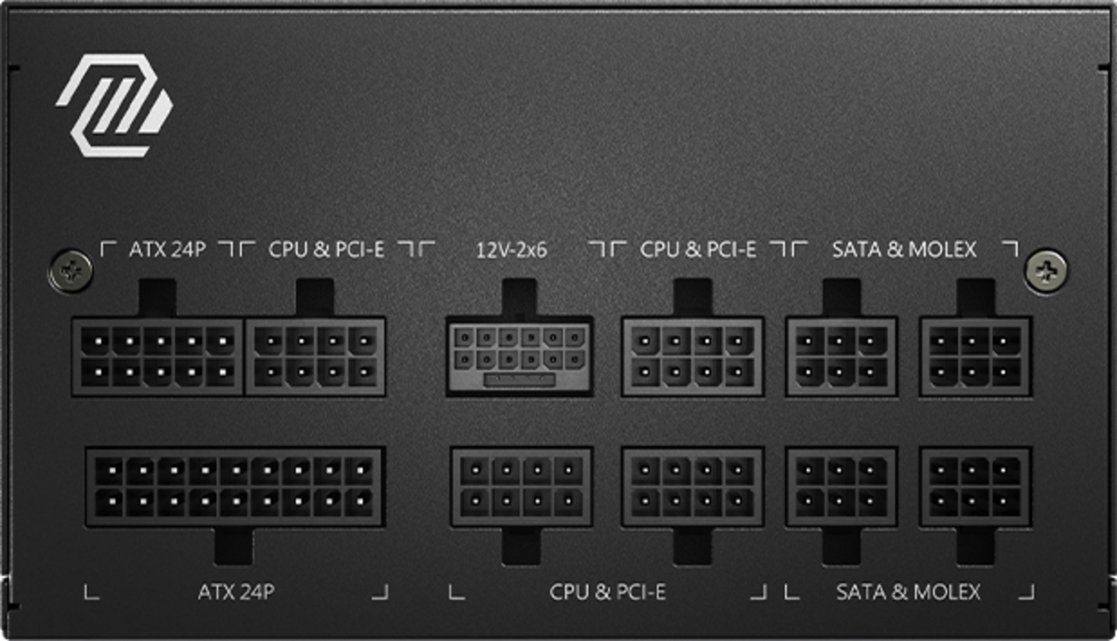 Czarny zasilacz złączami ATX 24P, CPU & PCI-E, 12V-2x6, SATA & Molex.