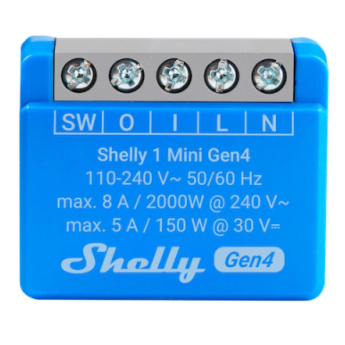 Niebieskie urządzenie Shelly 1 Mini Gen4 ze złączami śrubowymi i etykietami SW, O, I, L, N.