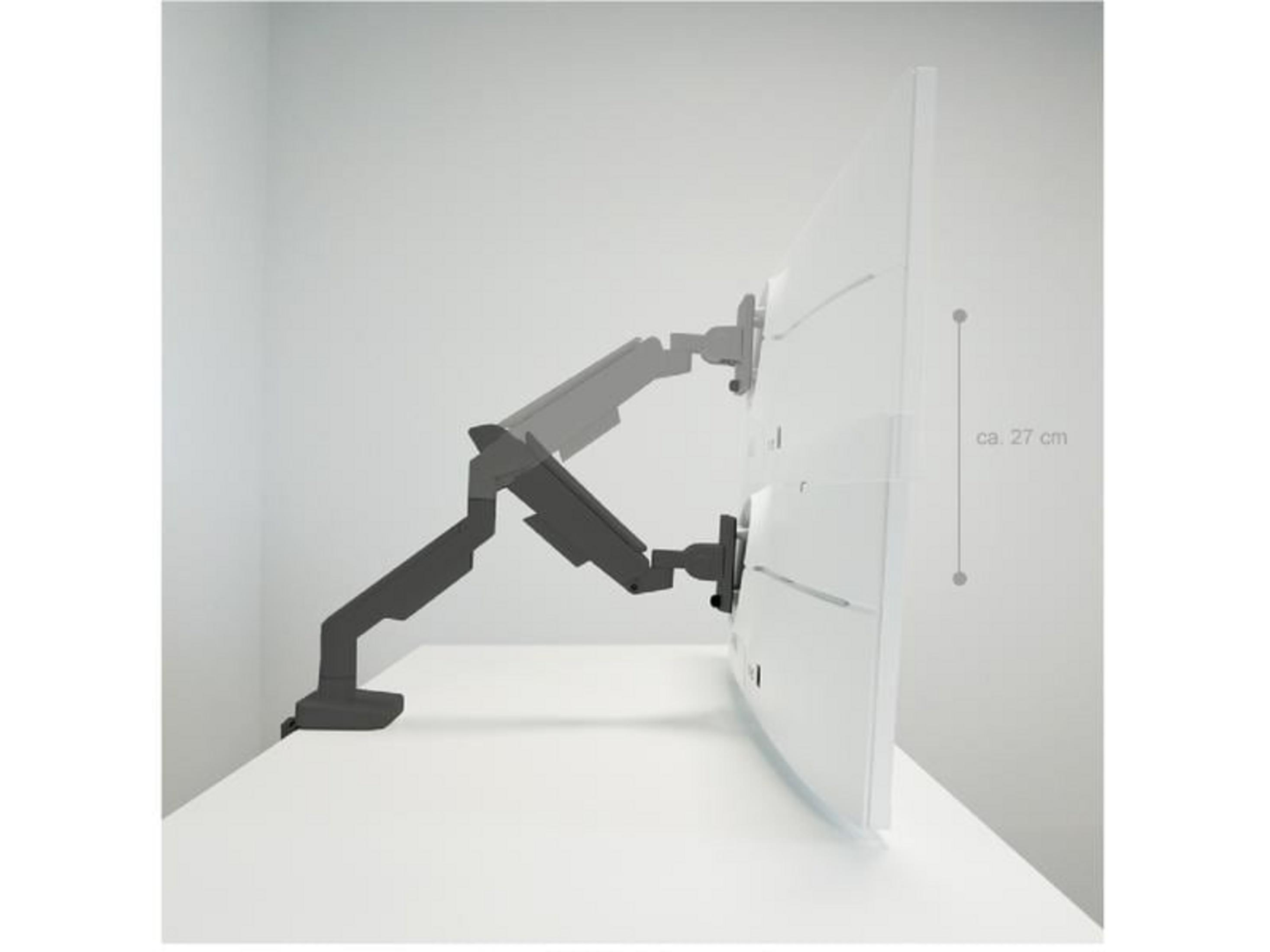 Un braccio metallico per monitor tiene uno schermo bianco su una scrivania.