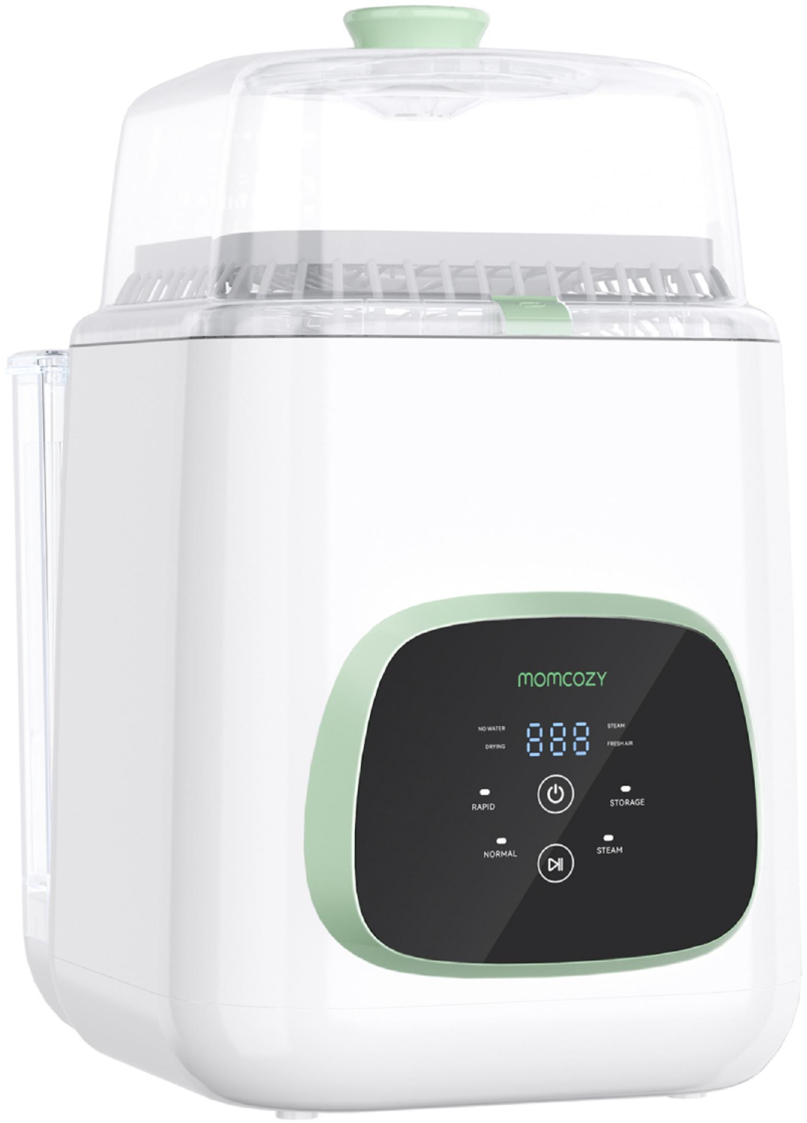Un esterilizador de vapor blanco con tapa verde y panel de control.