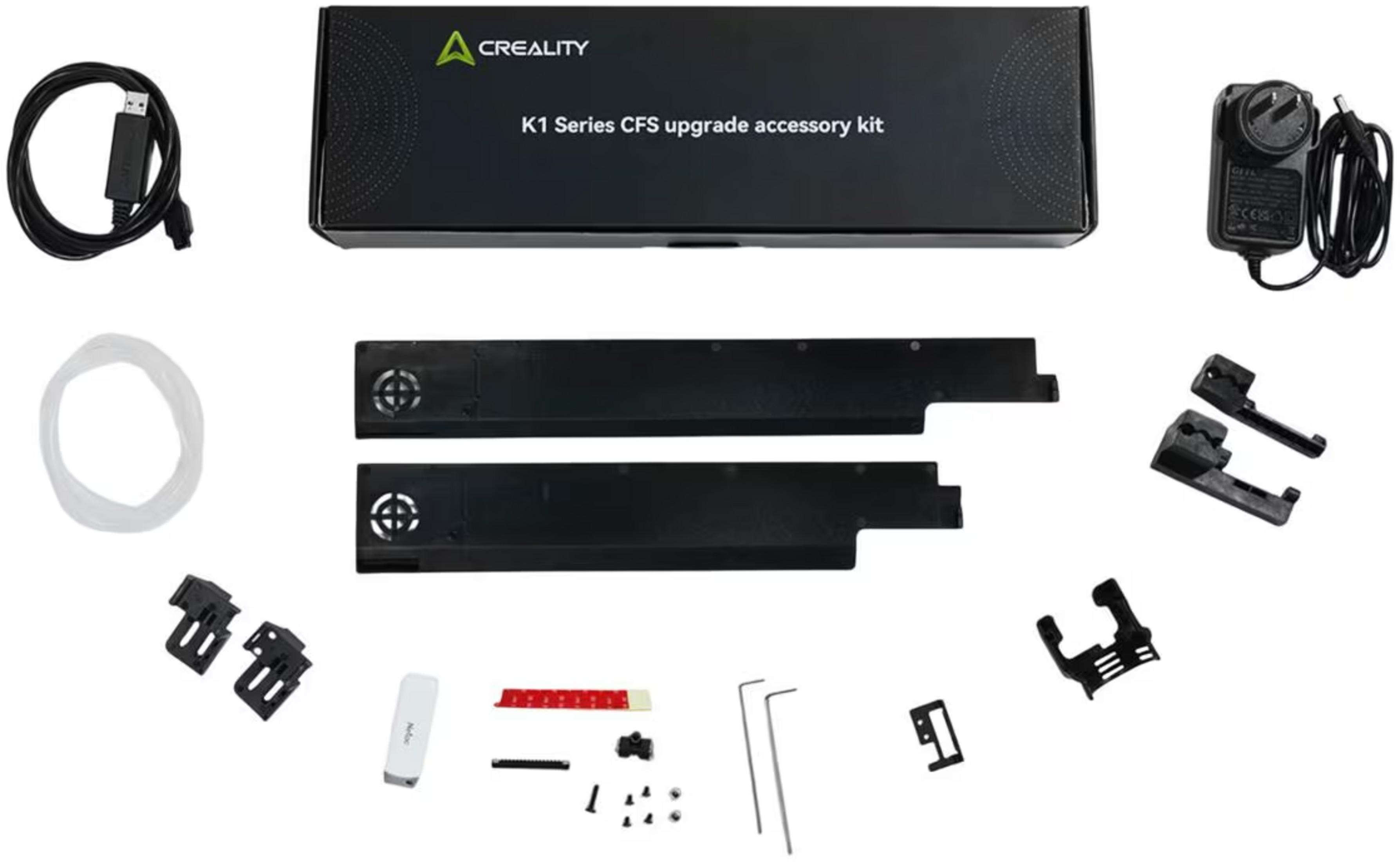 Creality K1 CFS Yükseltme Kiti kablo, güç adaptörü ve parçalarla.