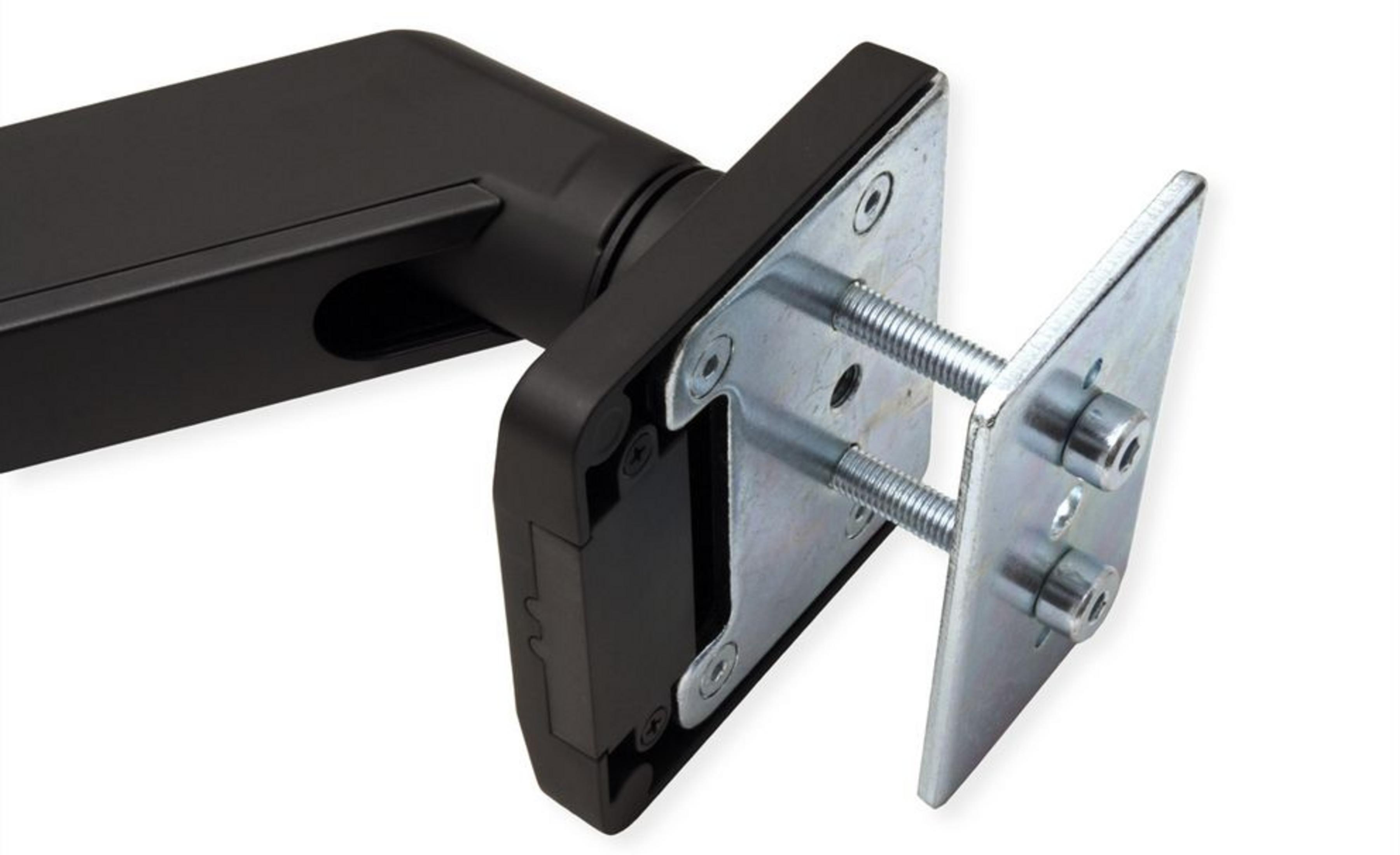 Schwarz-grauer Monitorarm mit Metallklemme und Schrauben.