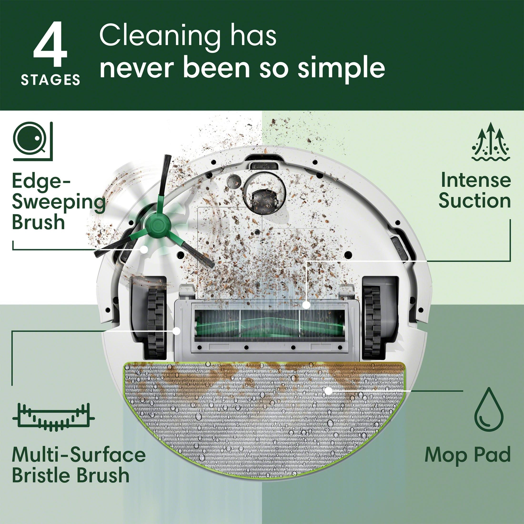 Un aspirateur robot avec brosse, buse d'aspiration et serpillère nettoyant la saleté.