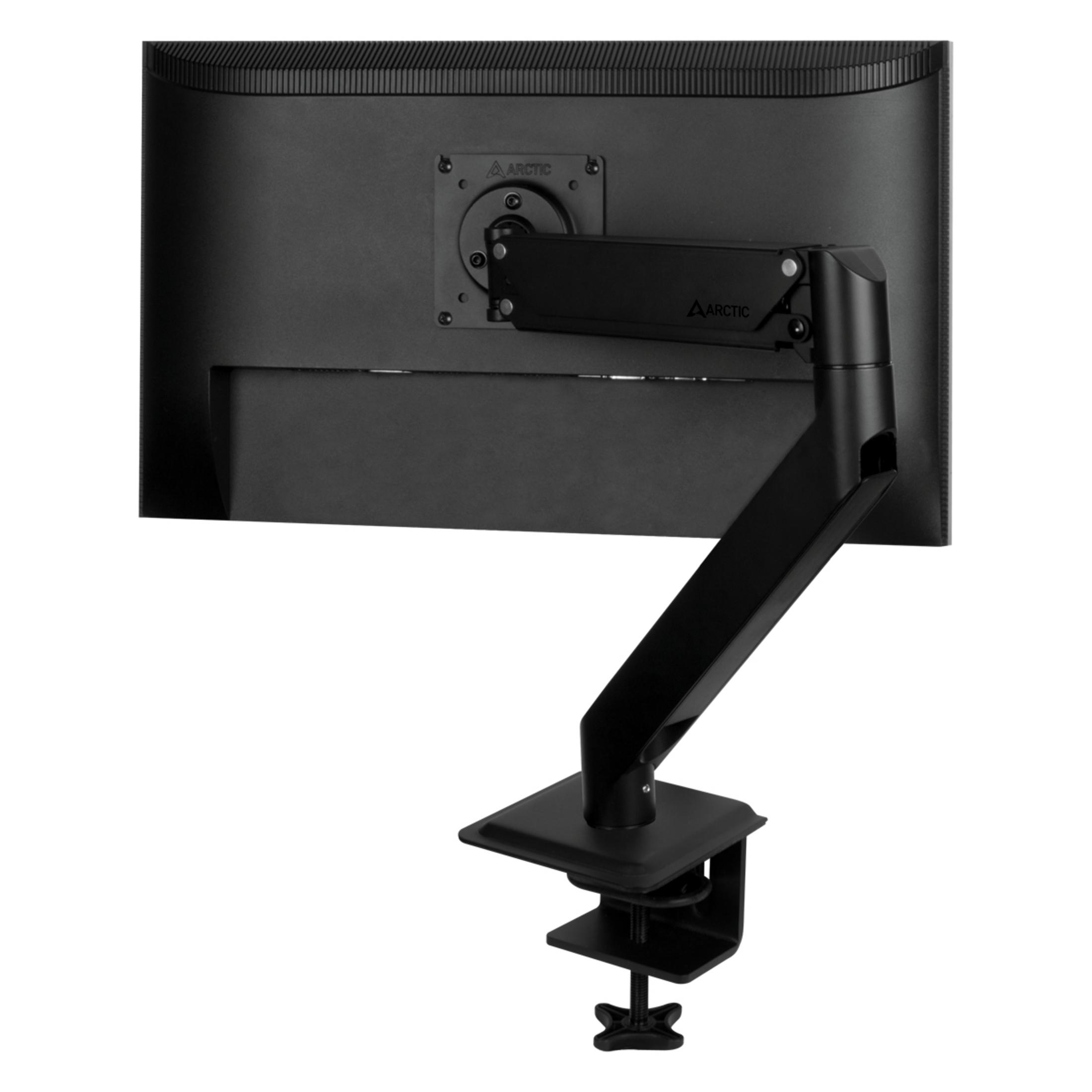 Arrière d'un moniteur noir avec bras ARCTIC et pince de bureau.