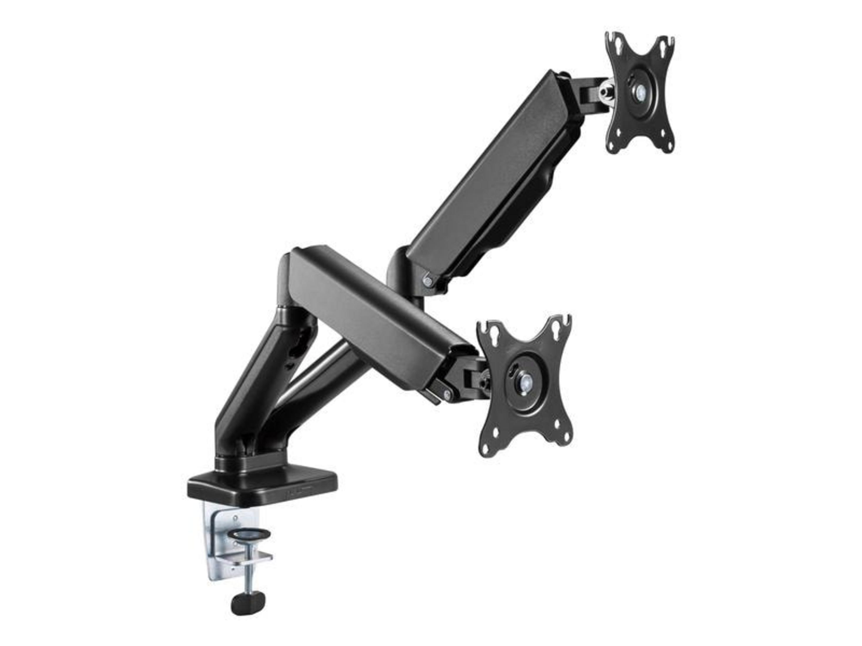 Black dual monitor mount with clamp and VESA plates.