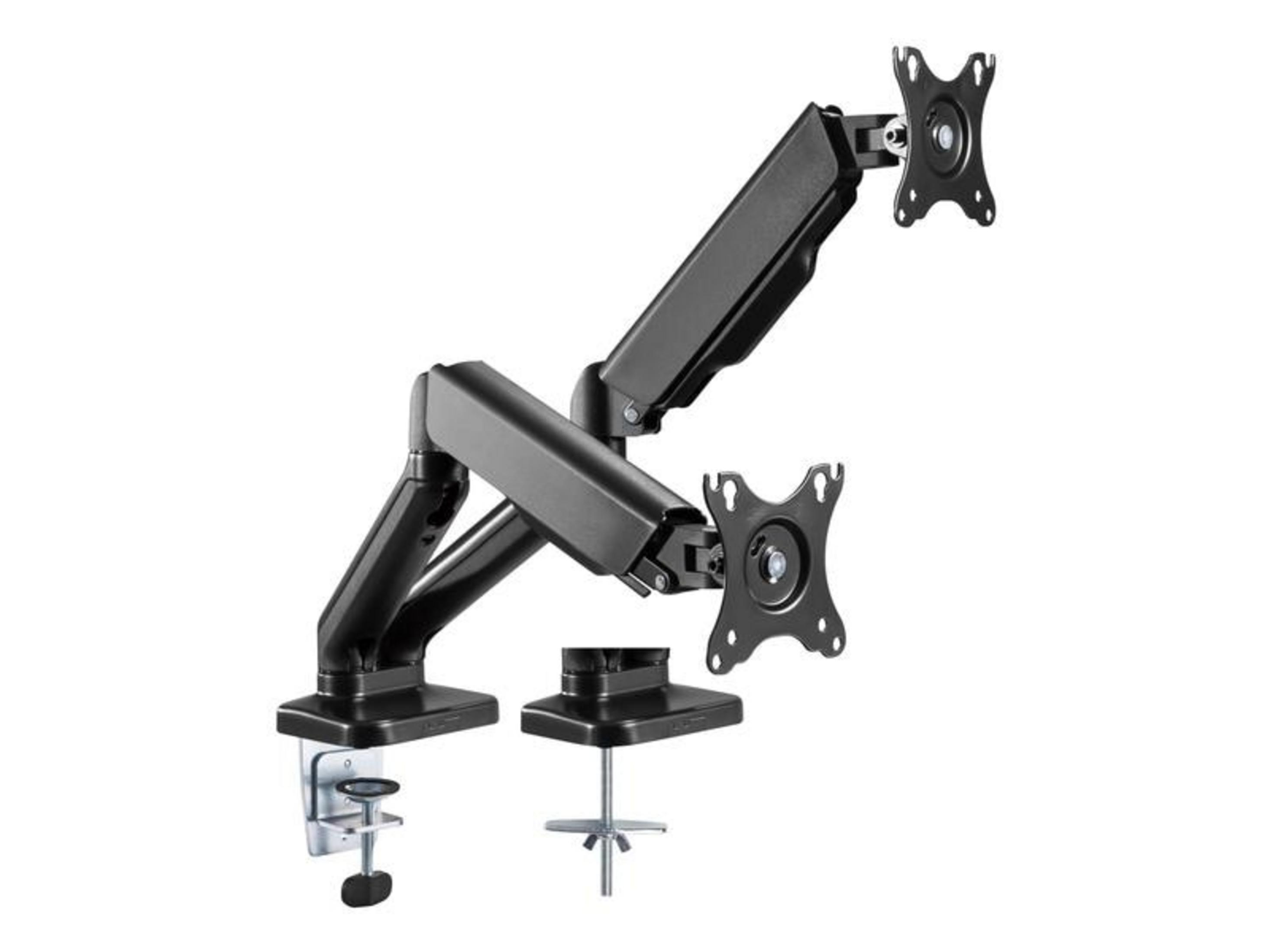 A black dual monitor desk arm with a clamp base and a separate base.