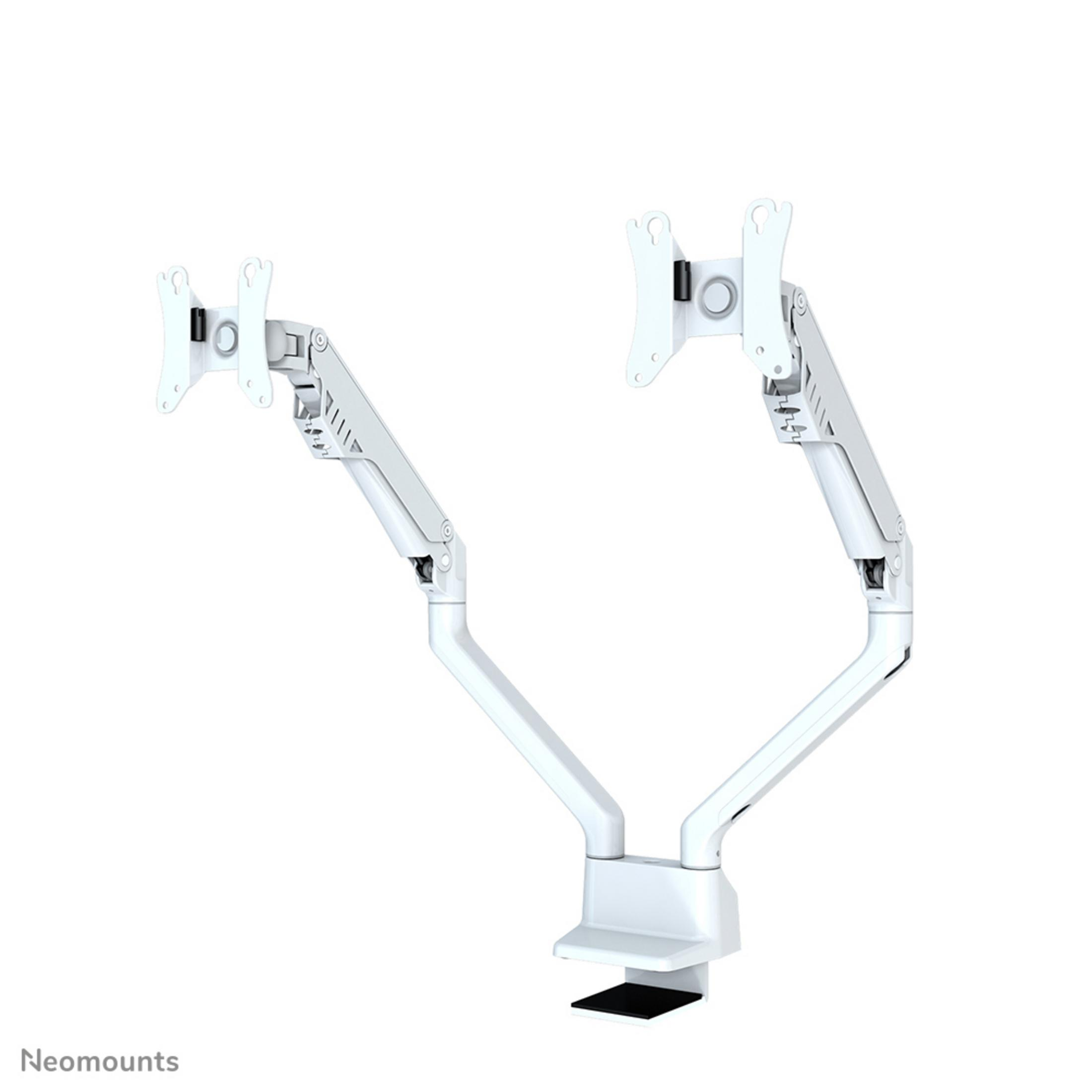 A white dual monitor arm with a clamp base on a white background.