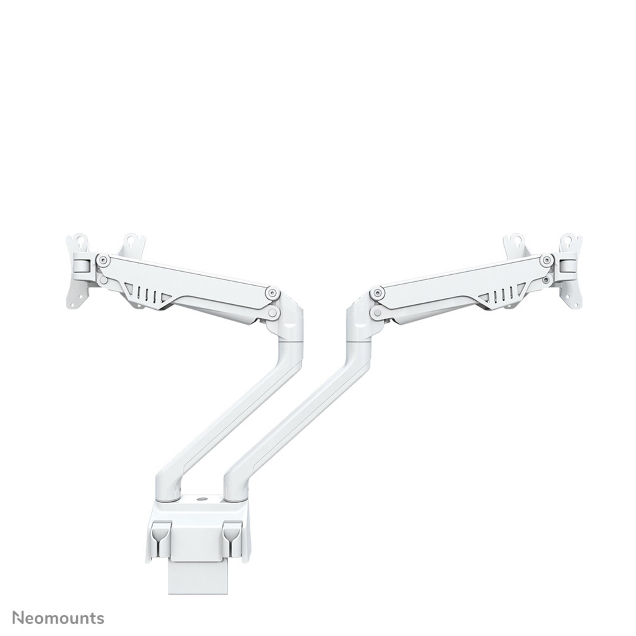 A white dual monitor arm with a clamp base.