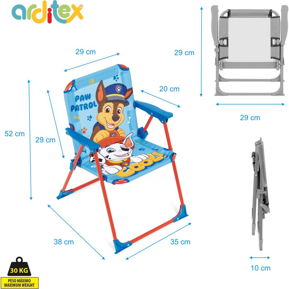 Silla infantil azul Paw Patrol con marco rojo y dimensiones detalladas.