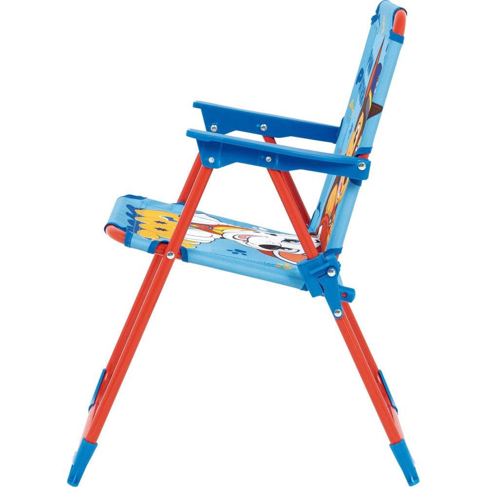Silla infantil azul con estructura roja y personajes de Paw Patrol.