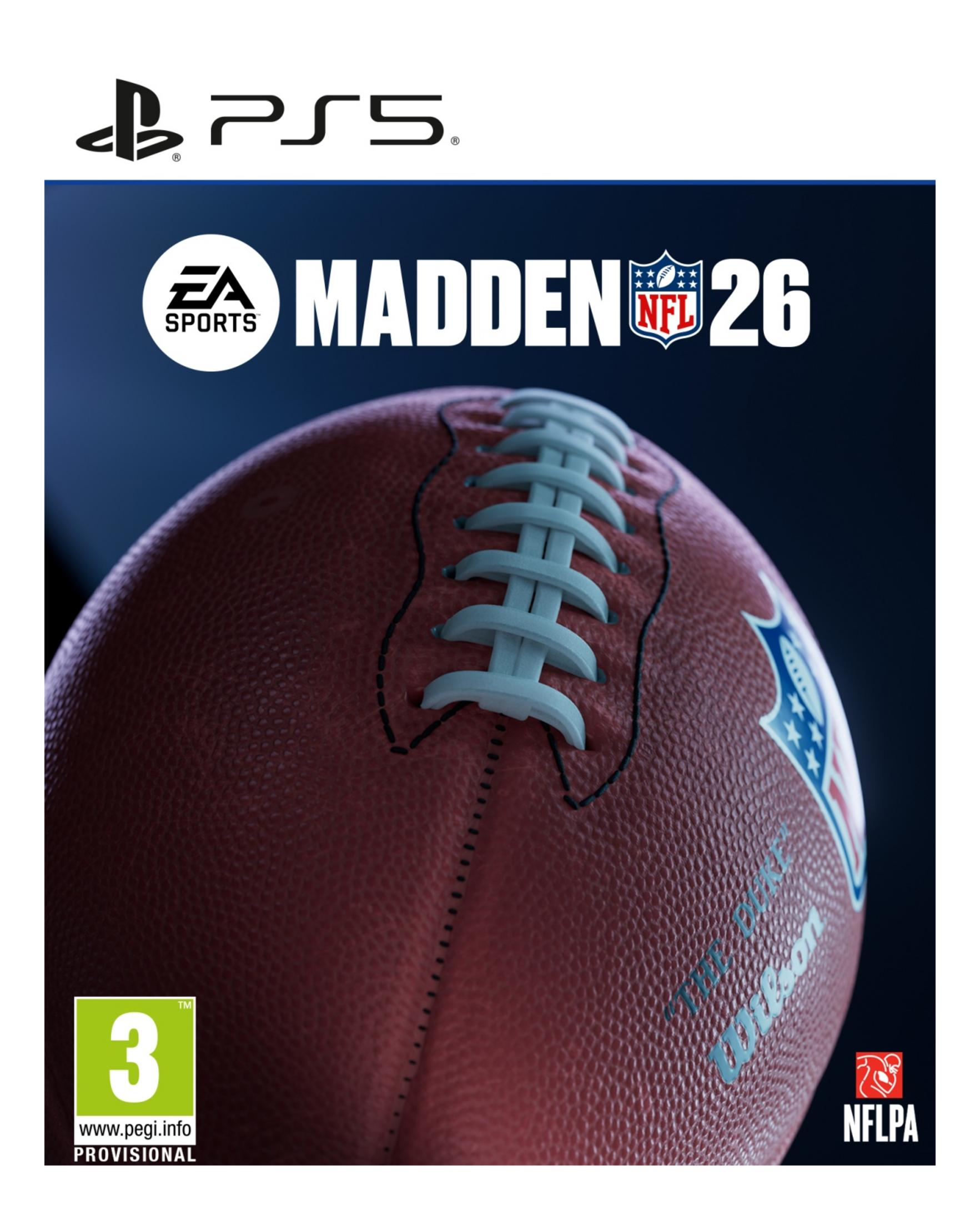 Portada PS5 Madden 26: Primer plano de un balón de fútbol americano con logos NFL y EA Sports.