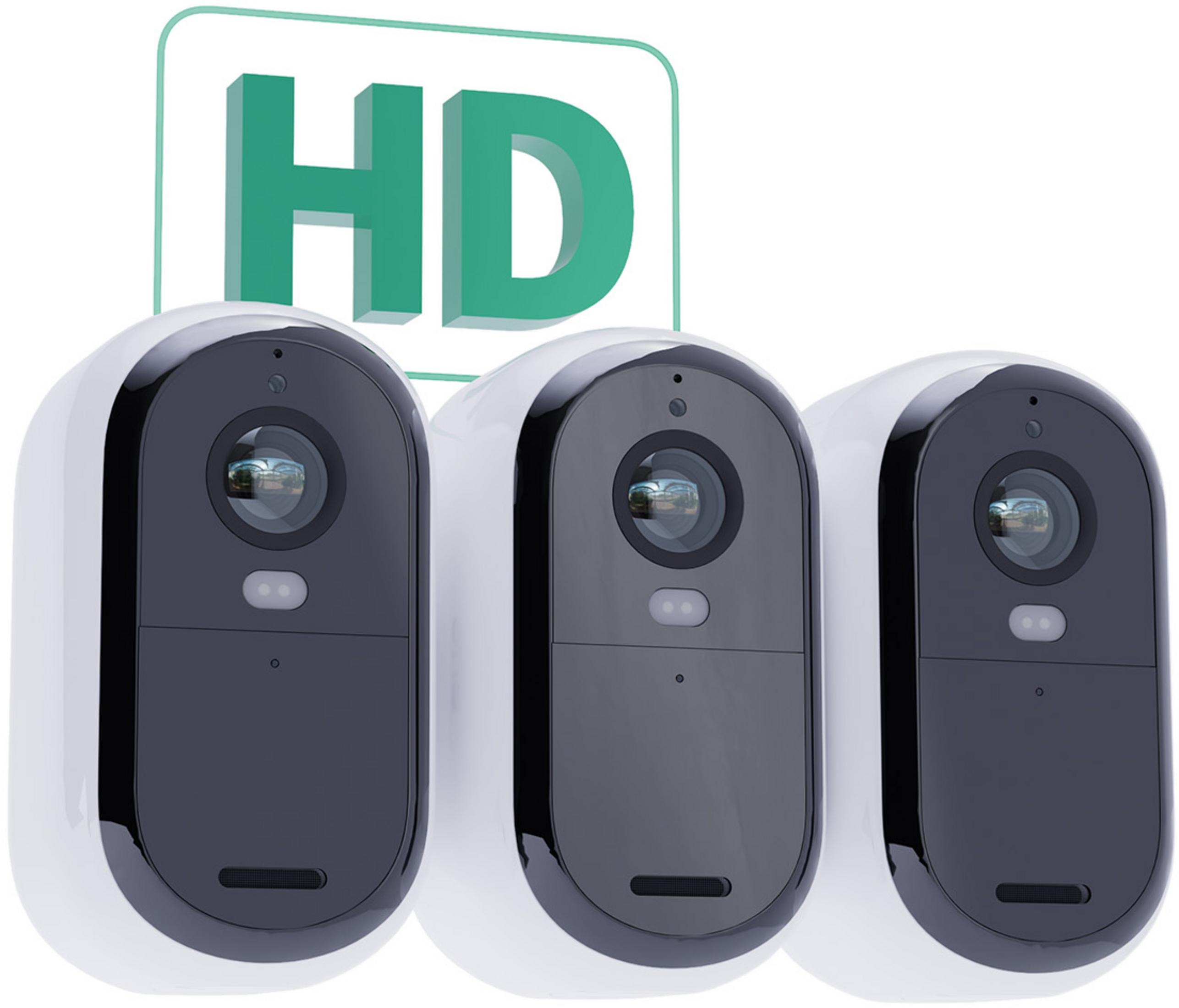Tre telecamere di sicurezza HD bianche con frontali e lenti scuri.