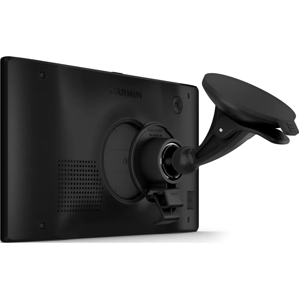 Rückseite eines schwarzen Garmin-Navigationsgeräts mit Saugnapfhalterung.