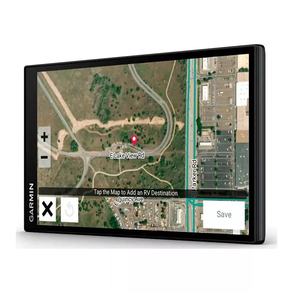 Garmin GPS-Bildschirm zeigt eine Karte mit E Lake View Rd und S Parker Rd.
