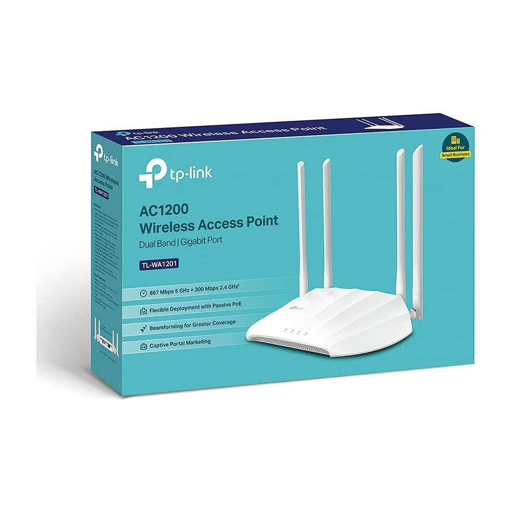Punkt dostępowy TP-Link AC1200 Dual Band z trzema antenami na turkusowym pudełku.