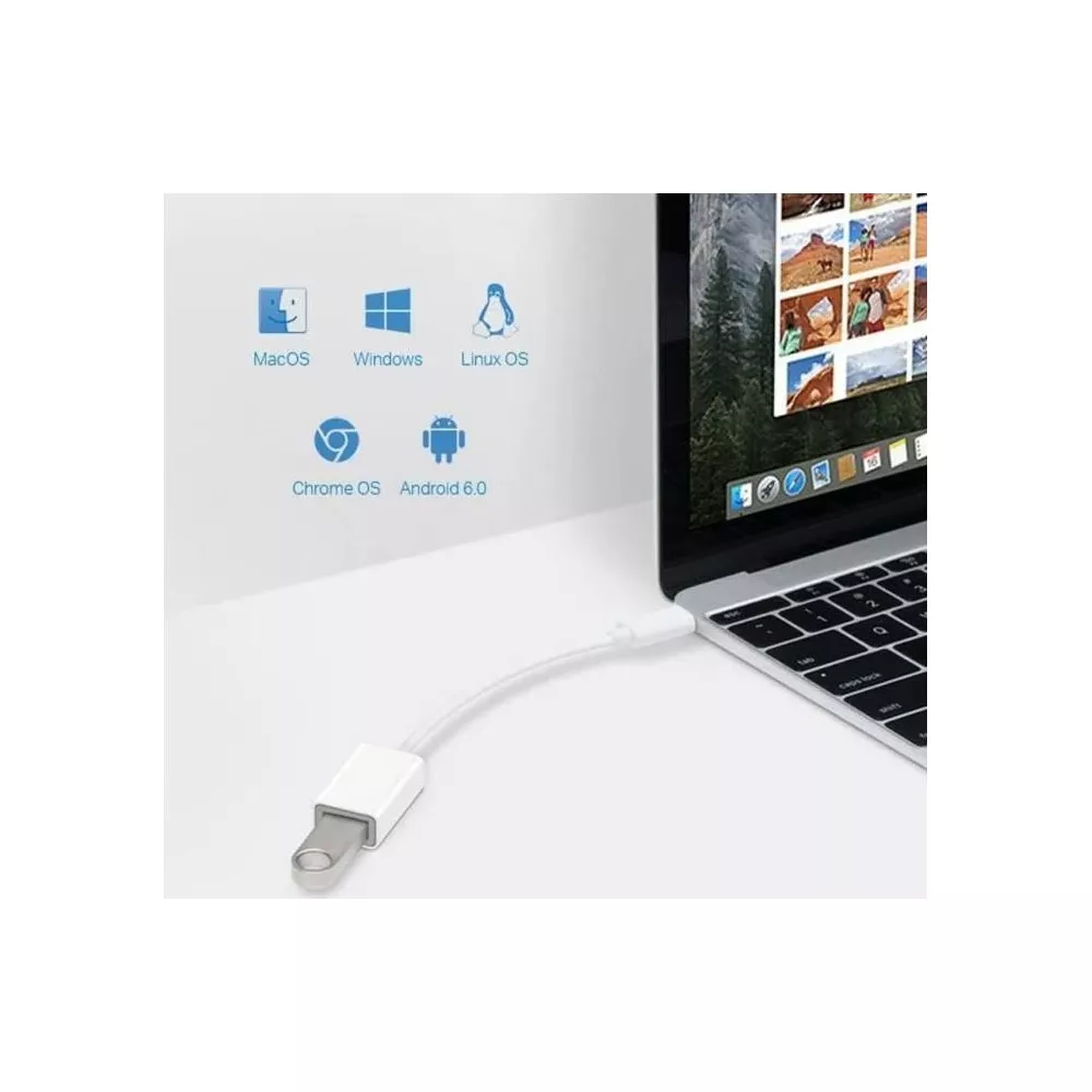 Ein weißer Adapter ist mit einem Laptop verbunden. Symbole für macOS, Windows, Linux, Chrome OS und Android sind zu sehen.