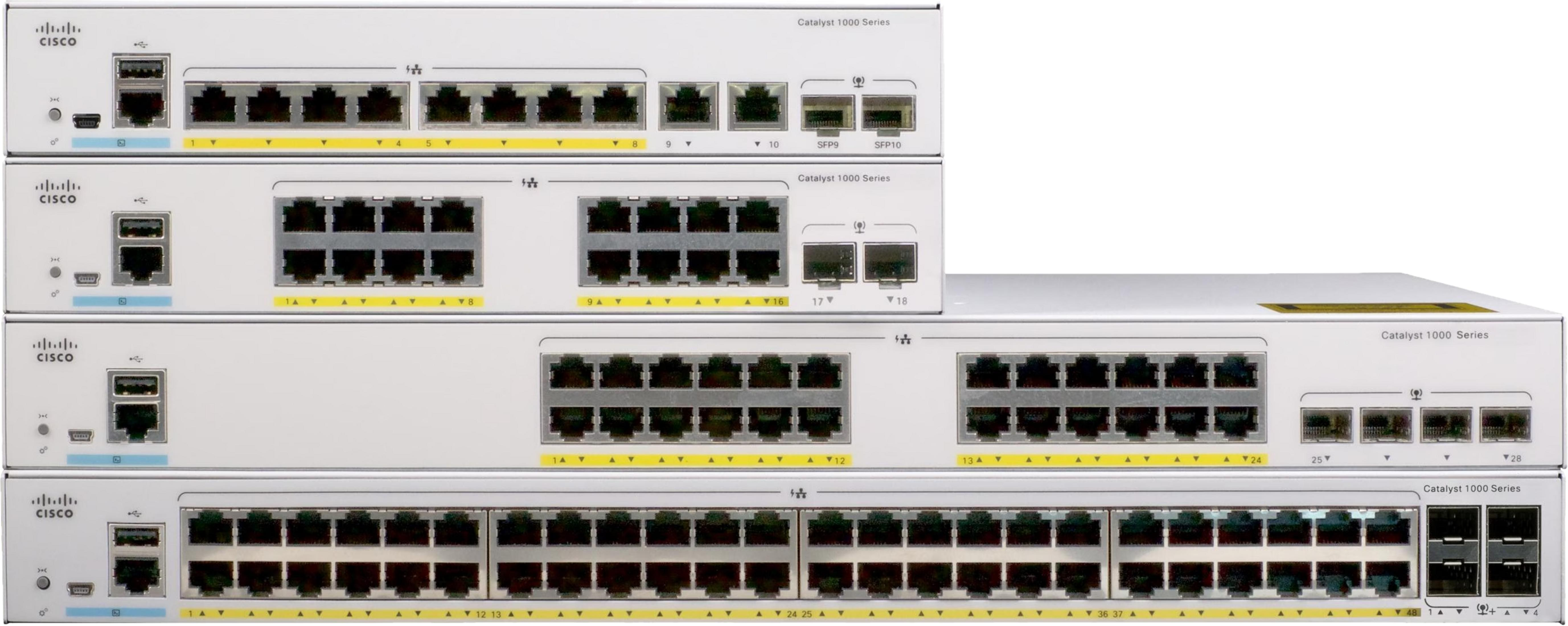 Vier weiße Cisco Catalyst 1000 Series Netzwerk-Switches unterschiedlicher Größe, gestapelt.