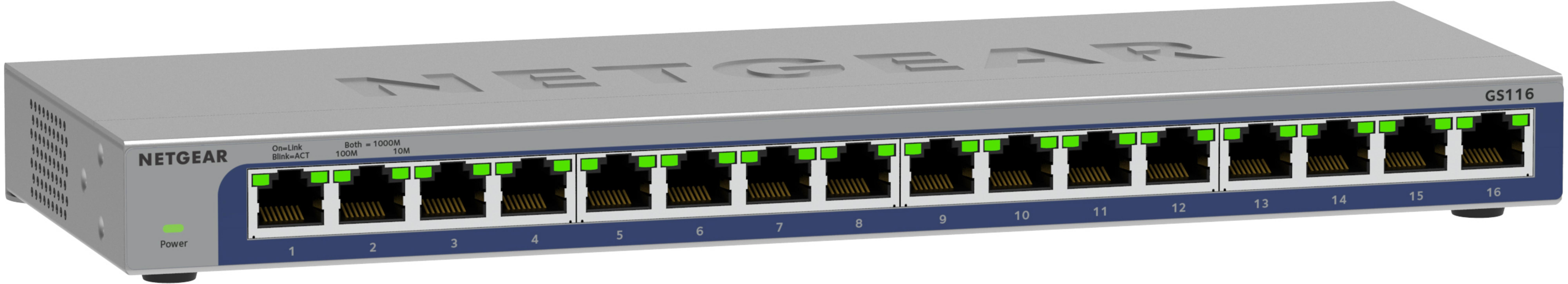Switch Netgear GS116 plateado con 16 puertos, LEDs verdes y luz de encendido.