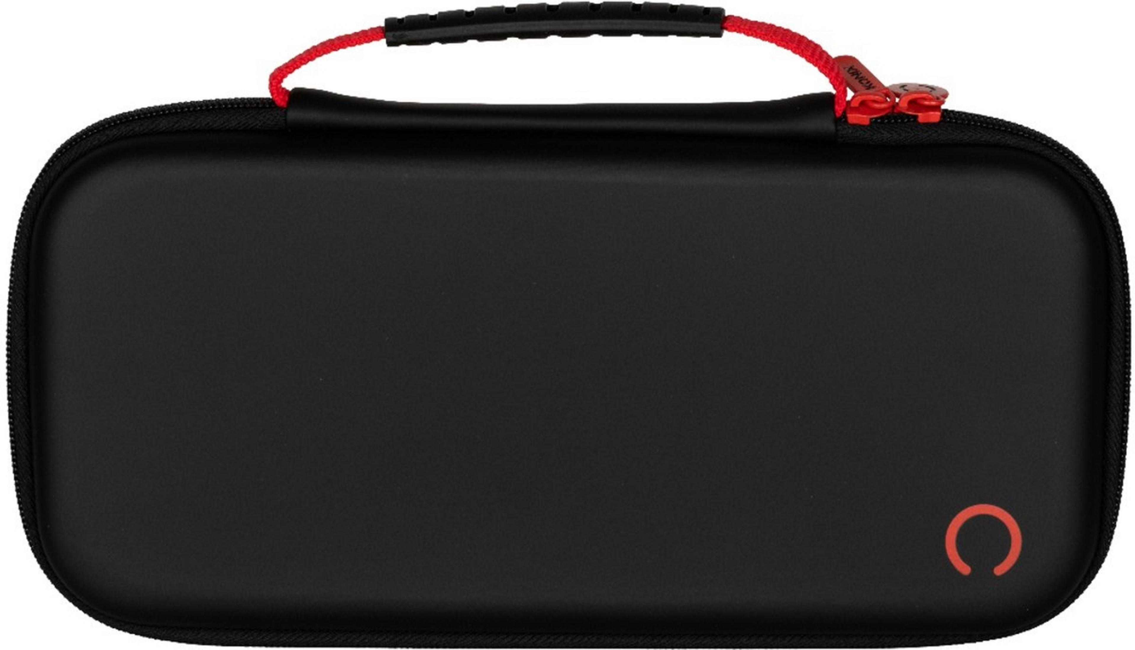Black case with red zipper and handle, orange logo bottom right.