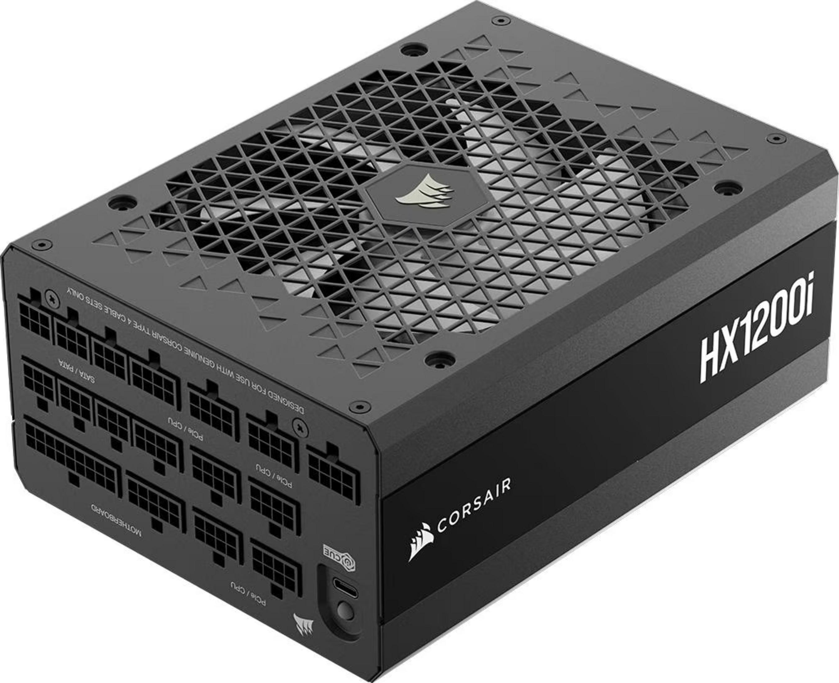 Czarny zasilacz Corsair HX1200i z portami dla płyty głównej, SATA, PCIe/CPU.