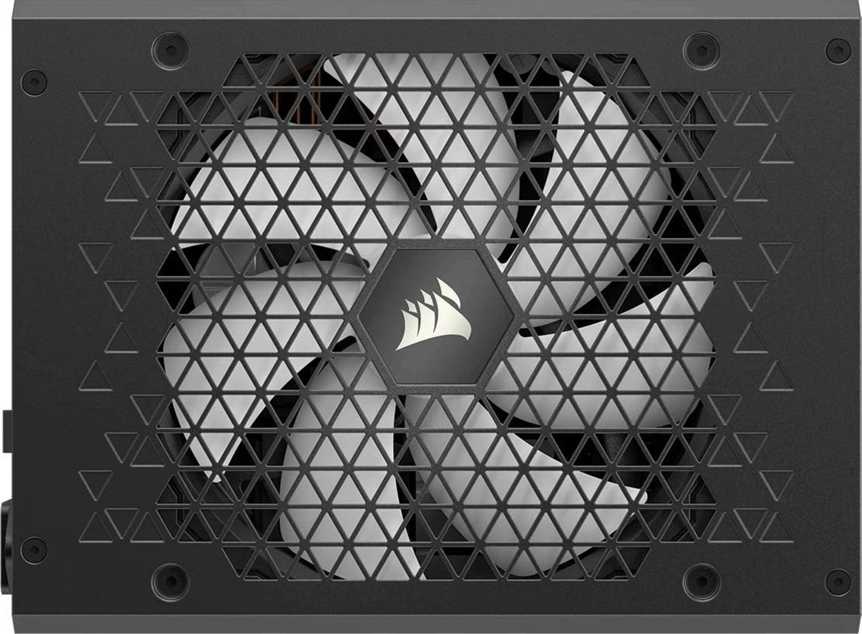 Czarny wentylator zasilacza z trójkątną kratką i białym logo.