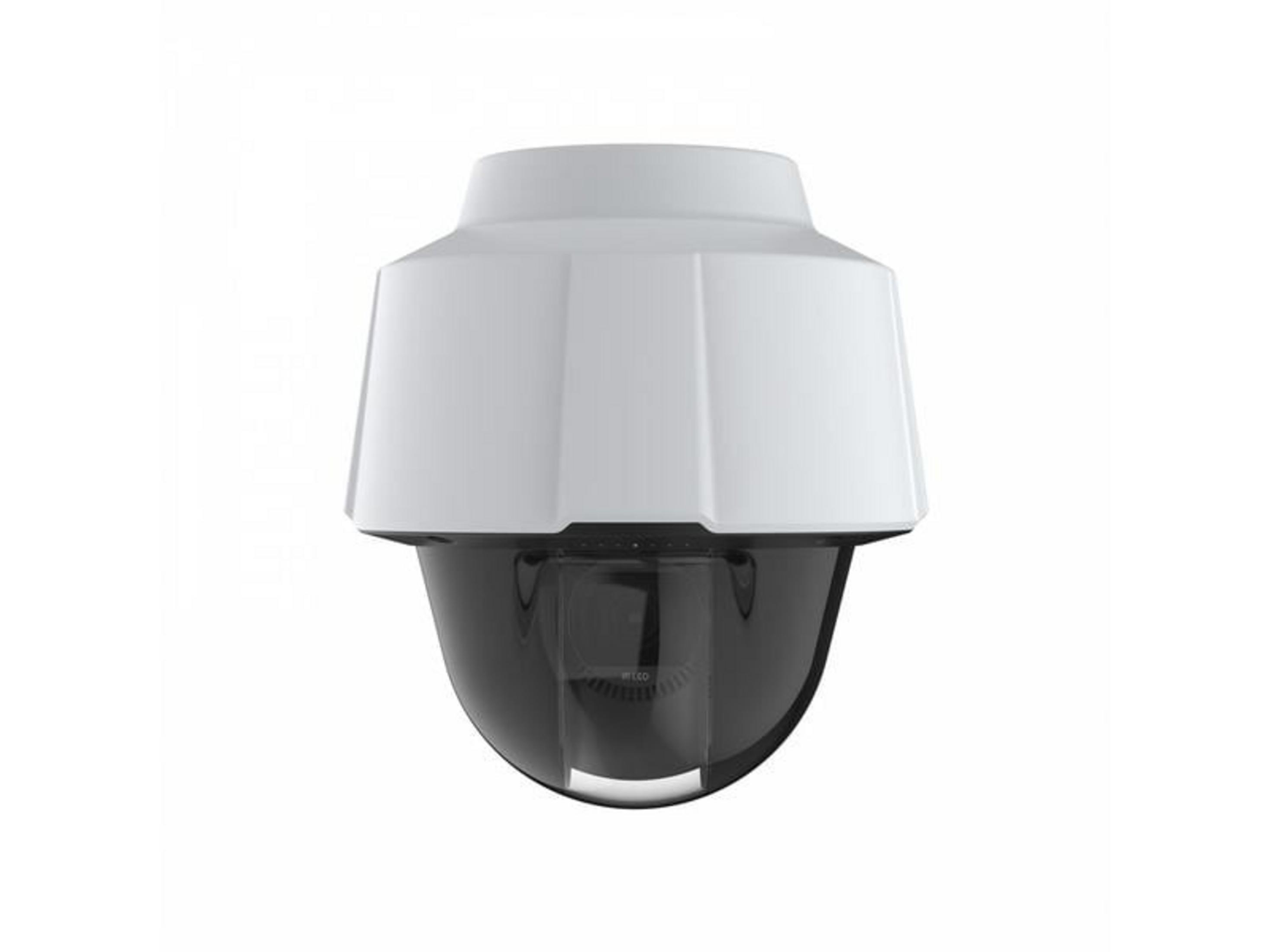 Biała kamera bezpieczeństwa z czarną kopułą i widoczną soczewką.