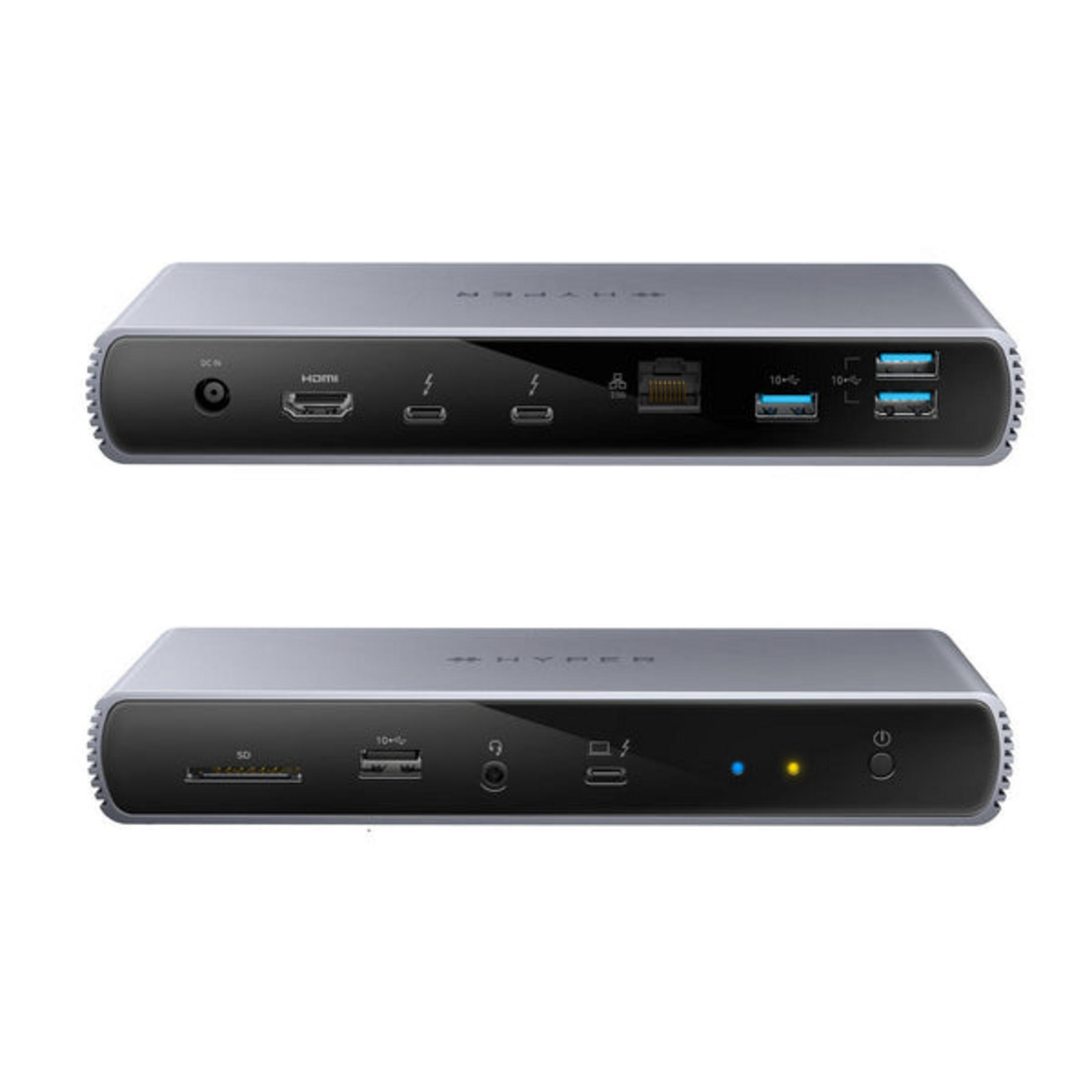 Ein silberner Docking-Hub mit Anschlüssen für HDMI, USB, SD-Karte und Ethernet.
