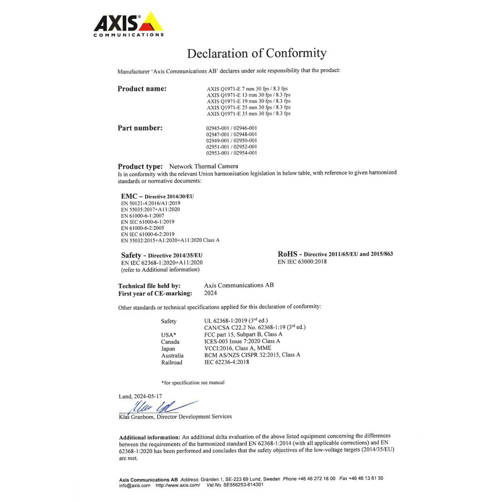 Deklaracja zgodności Axis Communications AB dla sieciowej kamery termowizyjnej.
