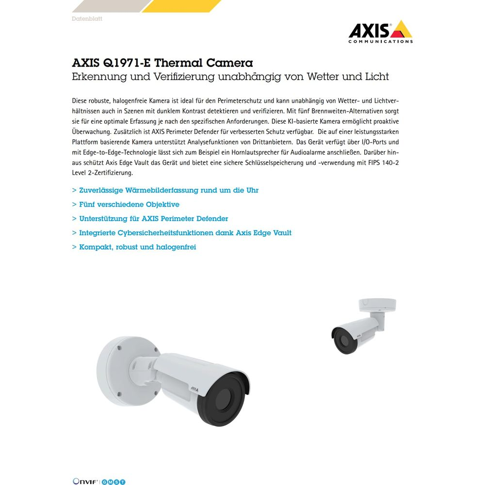 Dwie białe kamery AXIS, jedna z przodu, druga z tyłu, na białym tle.