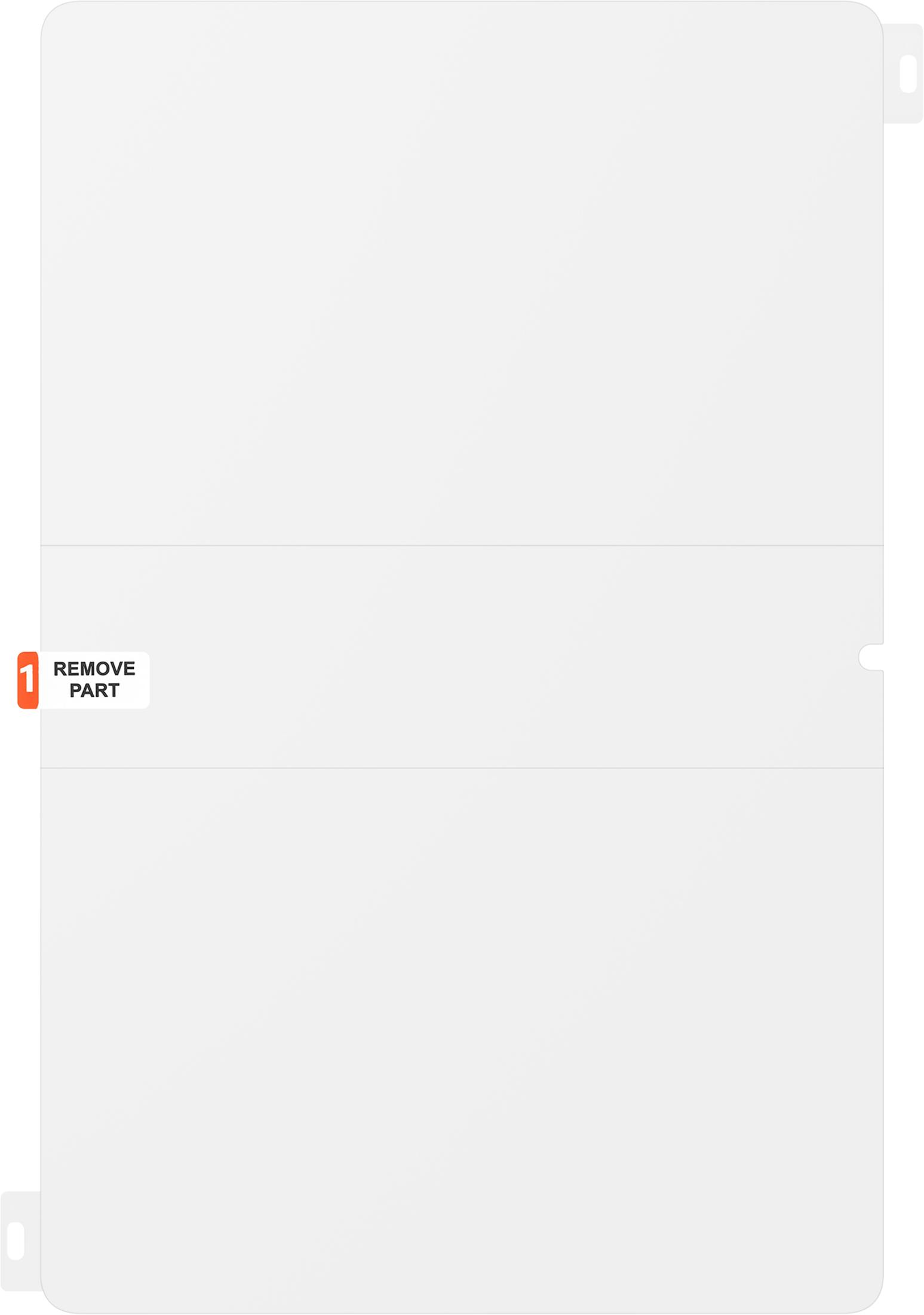 Ein transparenter Gesichtsschutz mit einem orangen Etikett, auf dem steht: Teil 1 entfernen.