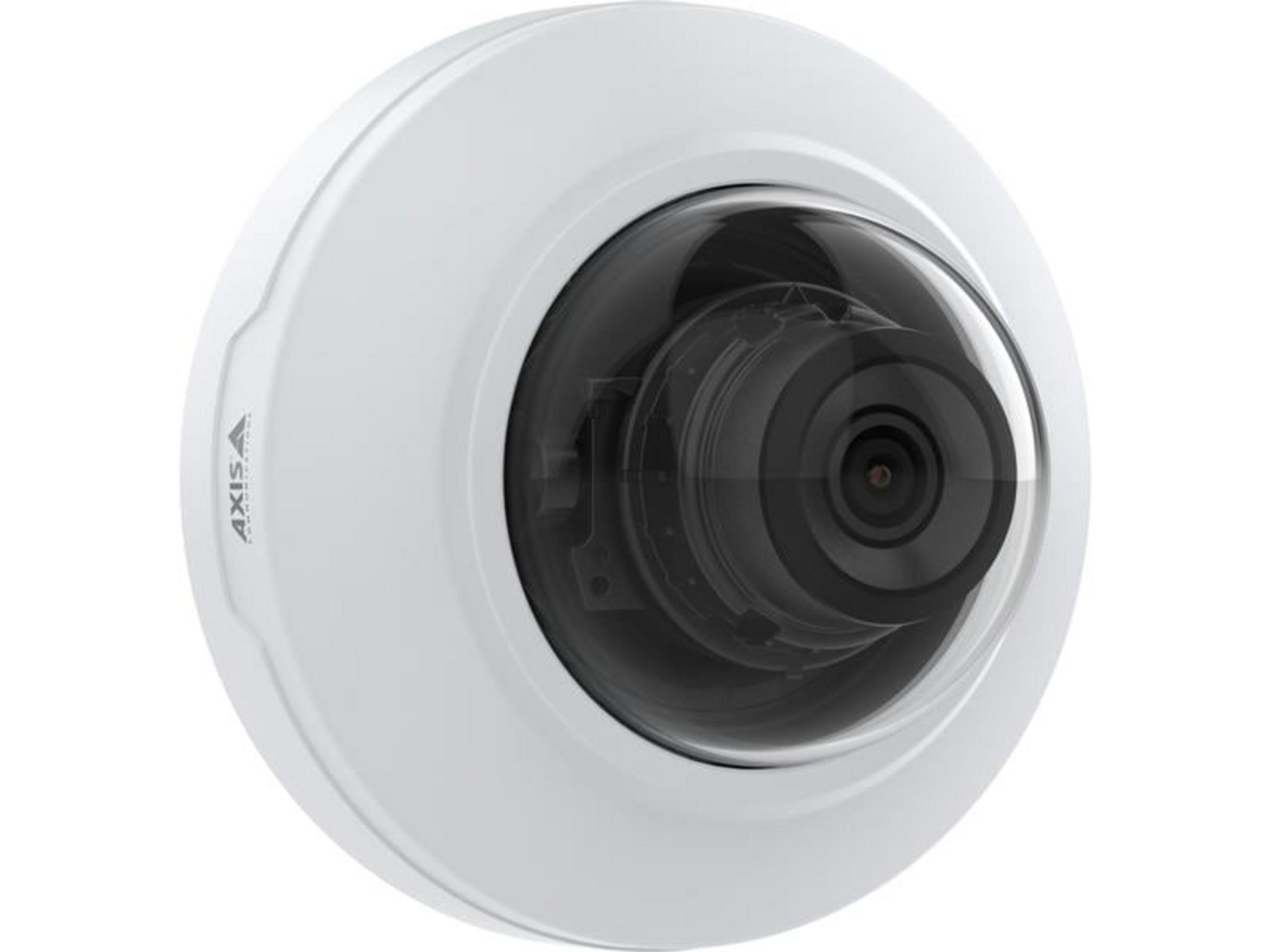 Biała kamera kopułkowa z widocznym obiektywem.
