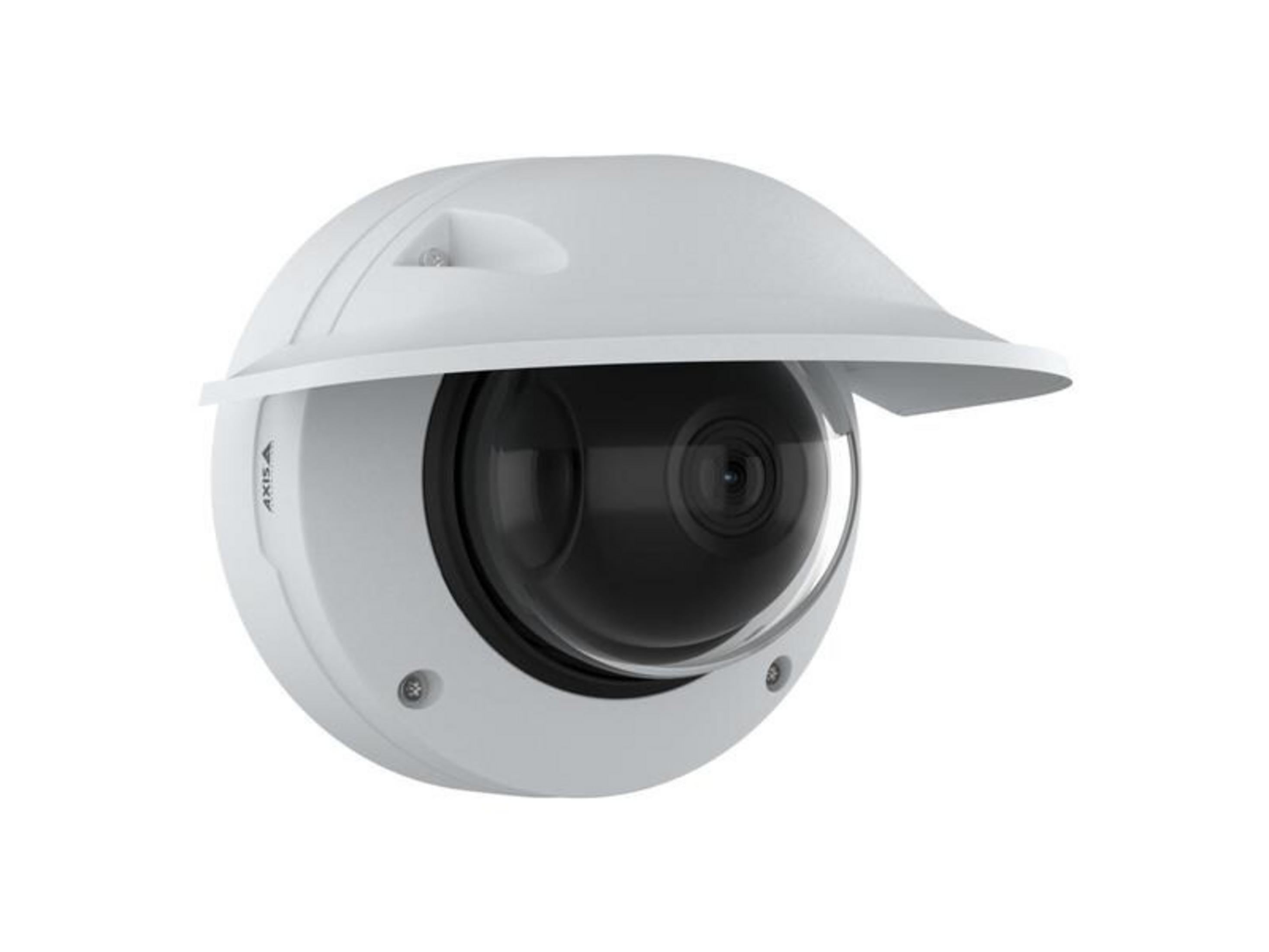 Biała kamera bezpieczeństwa z przezroczystą soczewką kopułkową i osłoną przeciwsłoneczną.