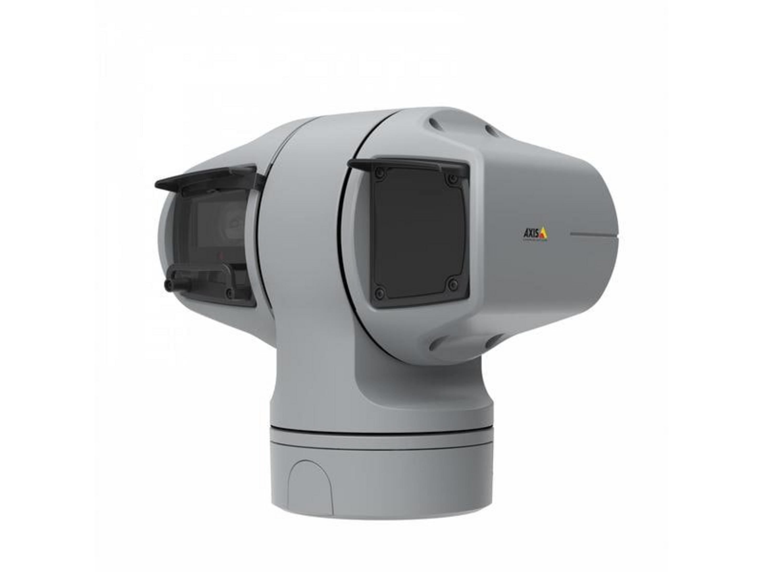 Szara kamera bezpieczeństwa z dwoma obiektywami, na białym tle.