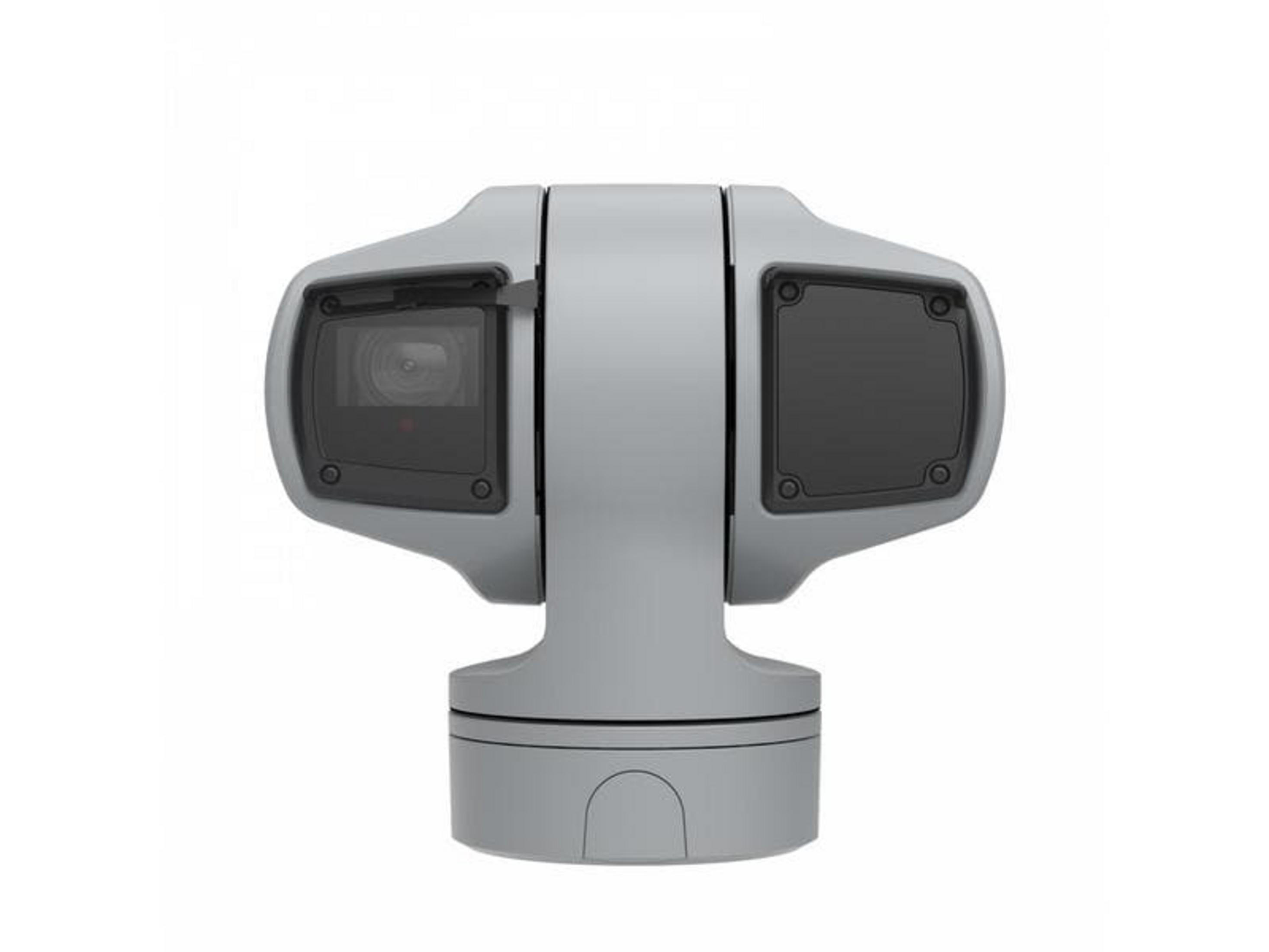Szary gimbal z kamerą i dwoma ciemnymi panelami, na białym tle.