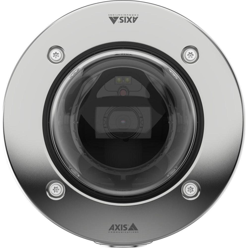 Srebrna kamera kopułkowa z czterema śrubami i logo.