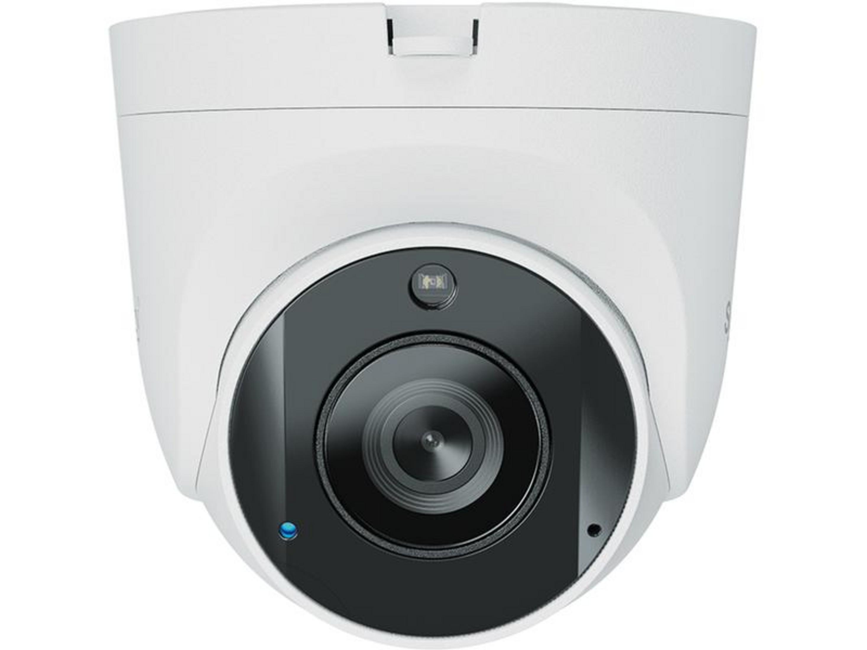 Biała kamera bezpieczeństwa z czarnym obiektywem i diodami IR.