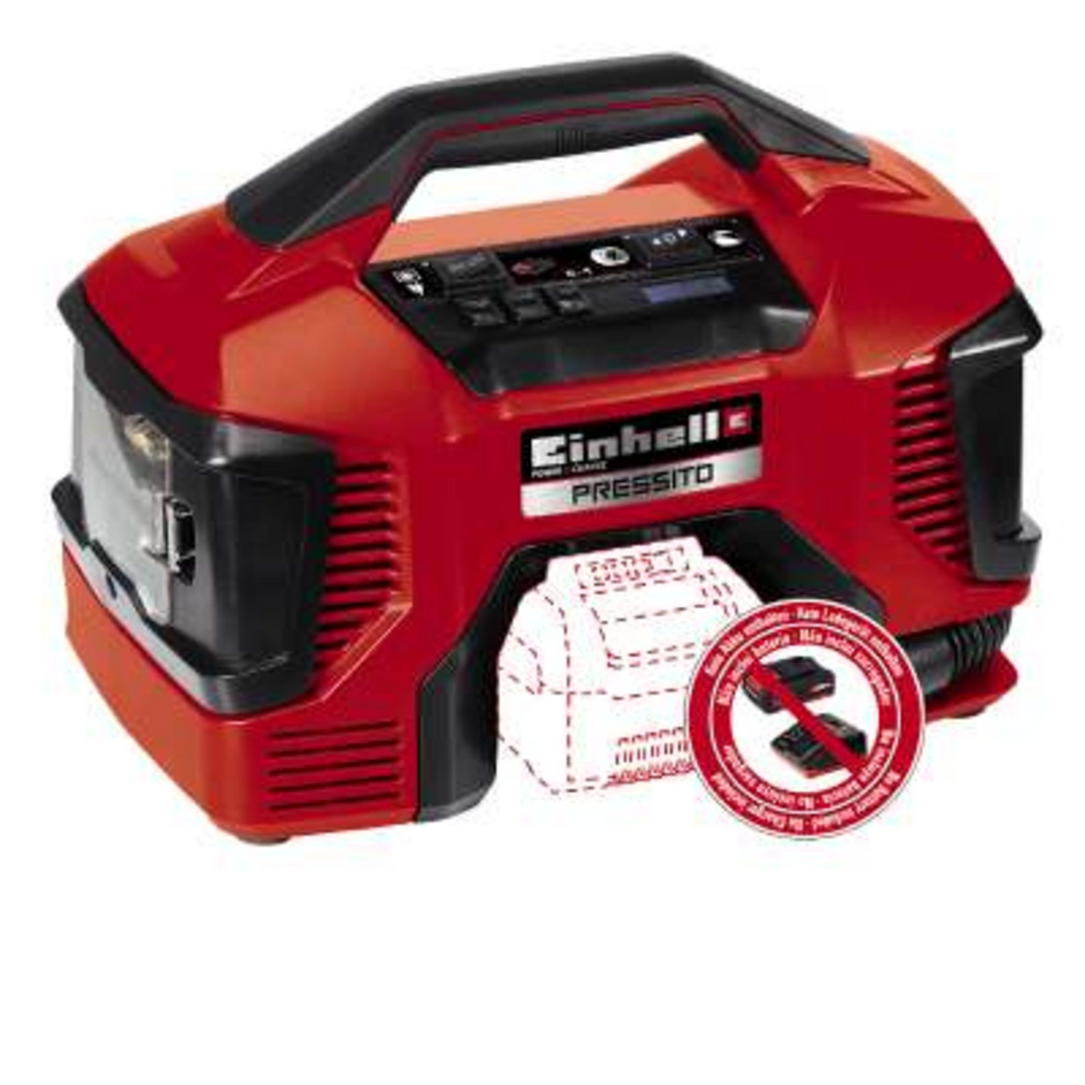 Roter Einhell Pressito Luftkompressor mit schwarzem Griff und Bedienelementen.