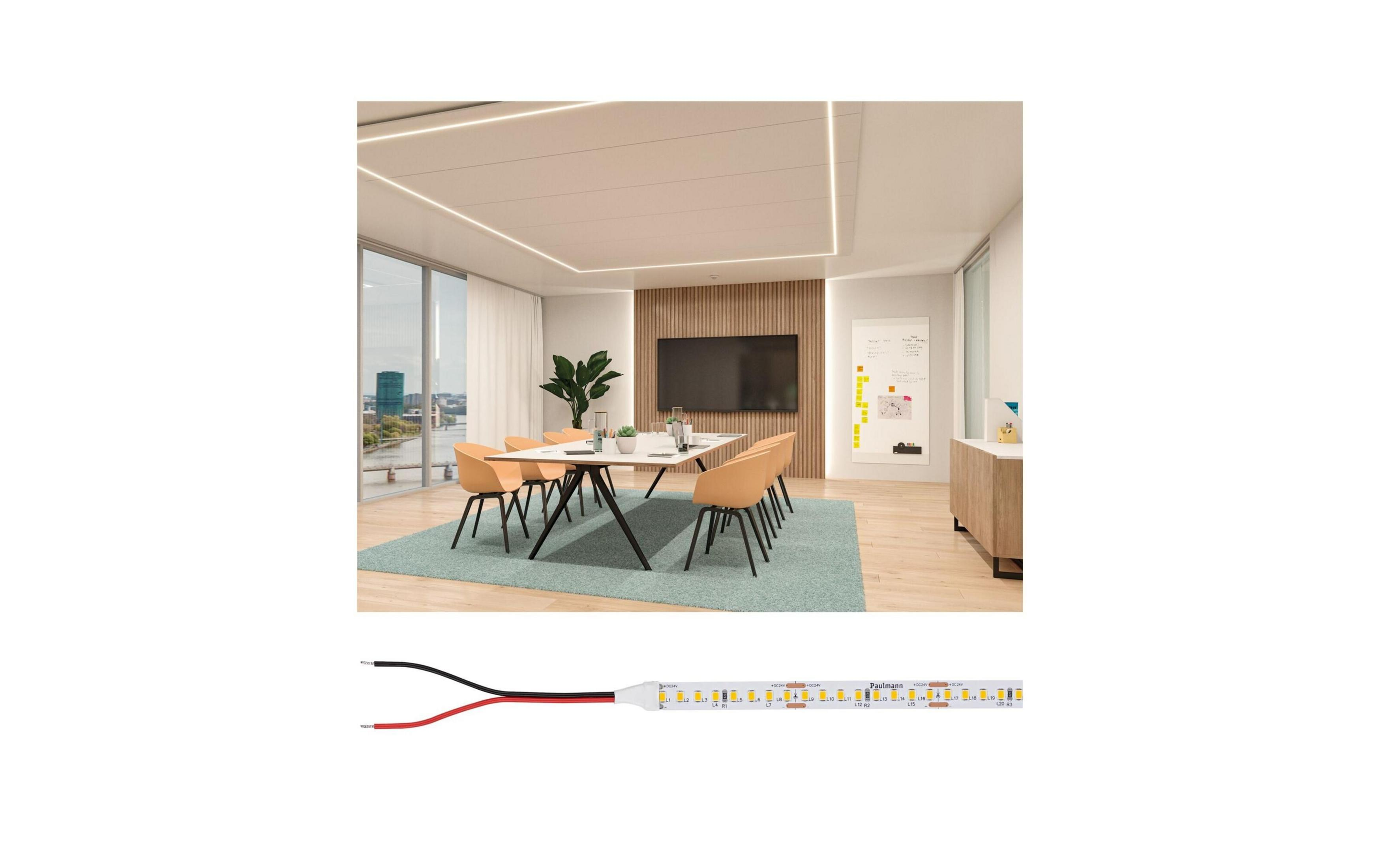 Nowoczesna sala konferencyjna ze stołem, krzesłami, ekranem i paskiem LED.