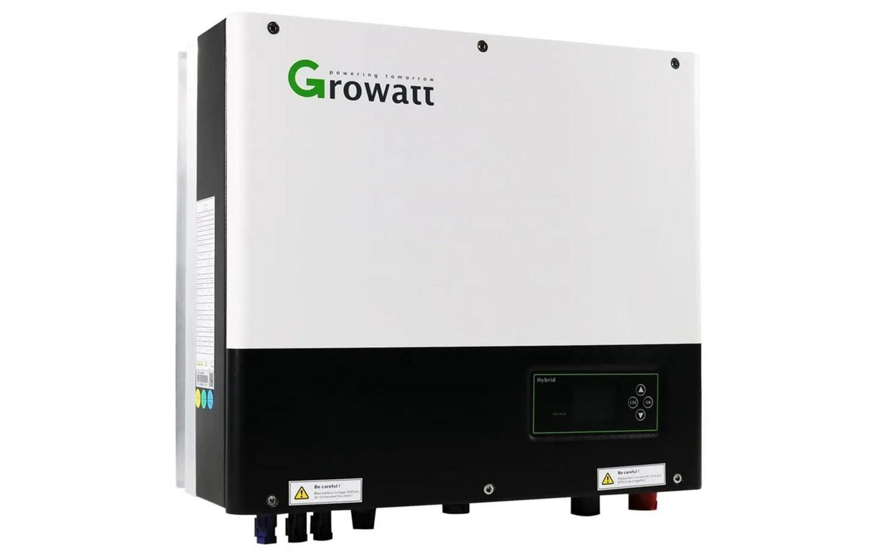 Ein weißer und schwarzer Growatt Hybrid-Wechselrichter mit Display und Bedienelementen.