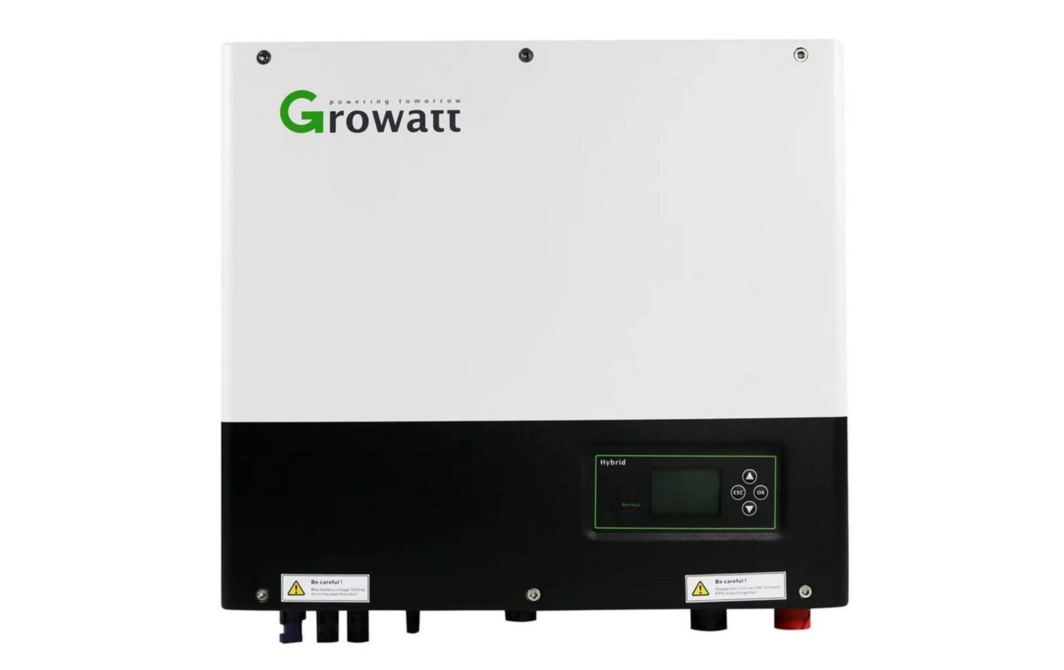 Ein weißer Hybrid-Wechselrichter mit schwarzem Bedienfeld und Growatt-Logo.