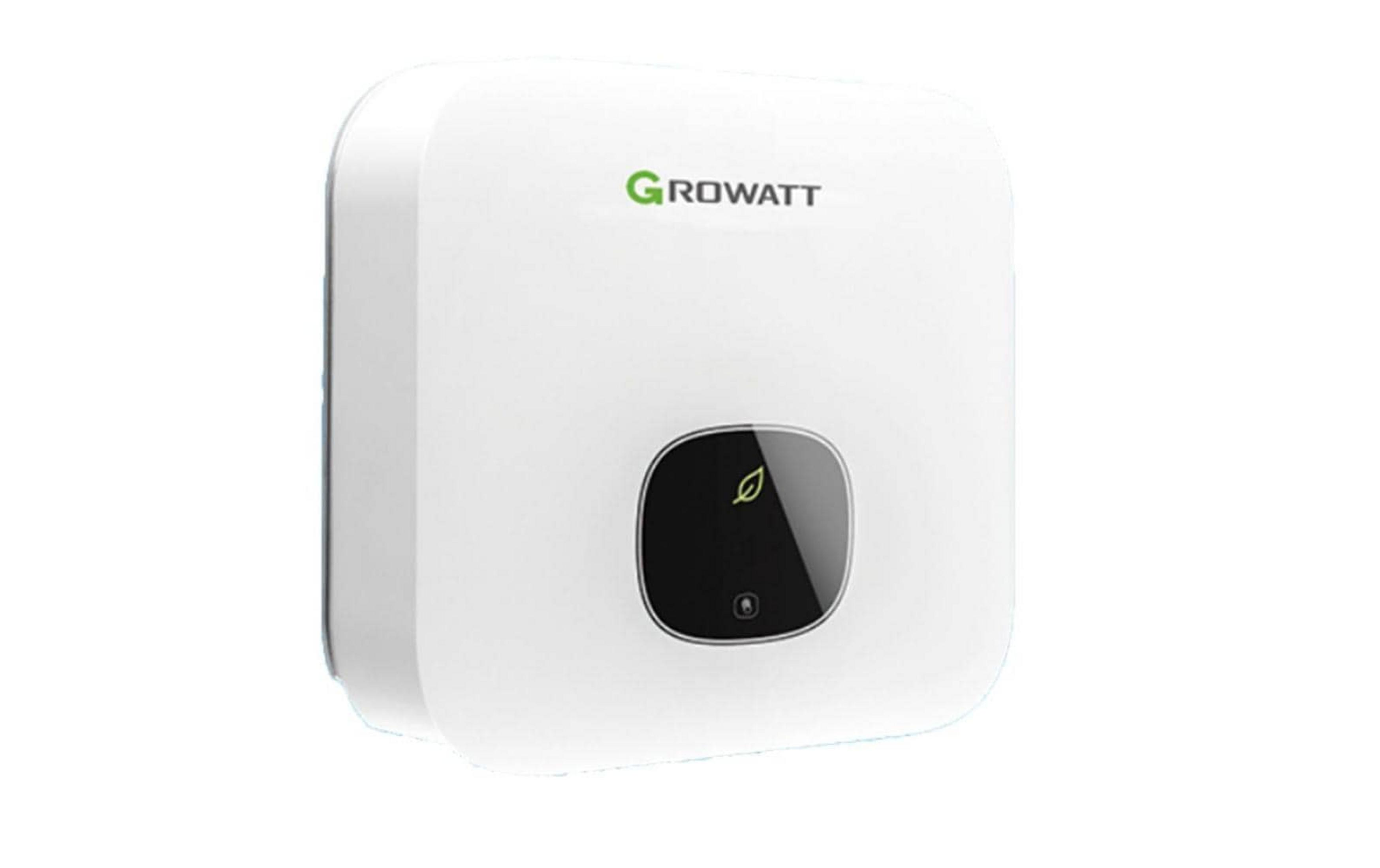 Ein weißer Growatt Wechselrichter mit schwarzem Display und Blatt-Symbol.