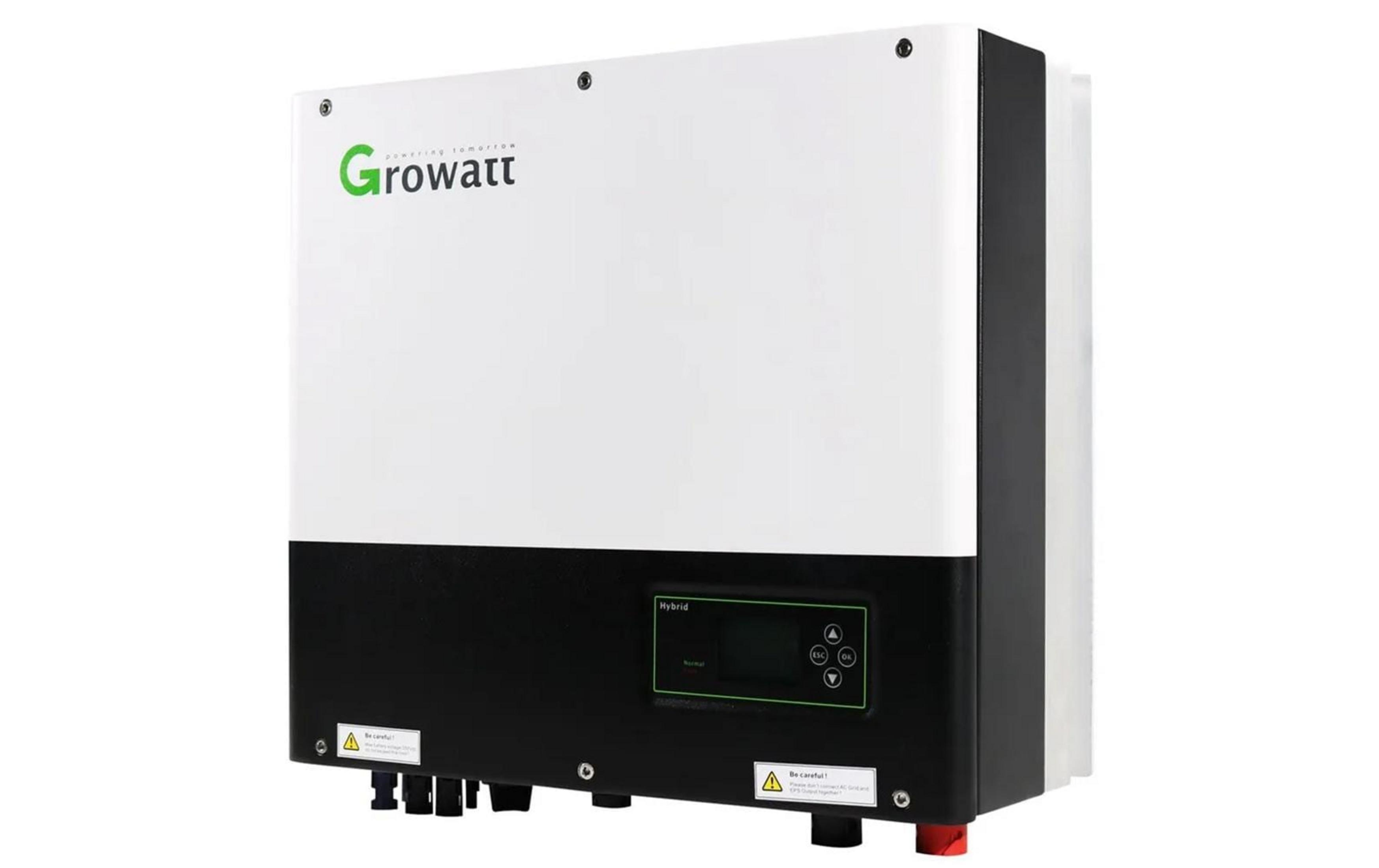 Ein weißer und schwarzer Growatt Hybrid-Wechselrichter mit Display und Tasten.