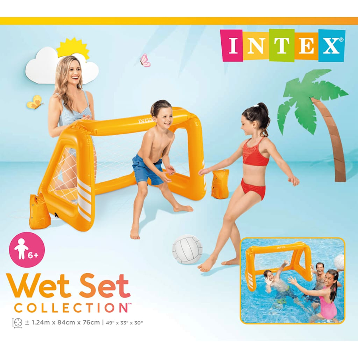 Familia juega con portería de fútbol inflable en el agua. Marca Intex.