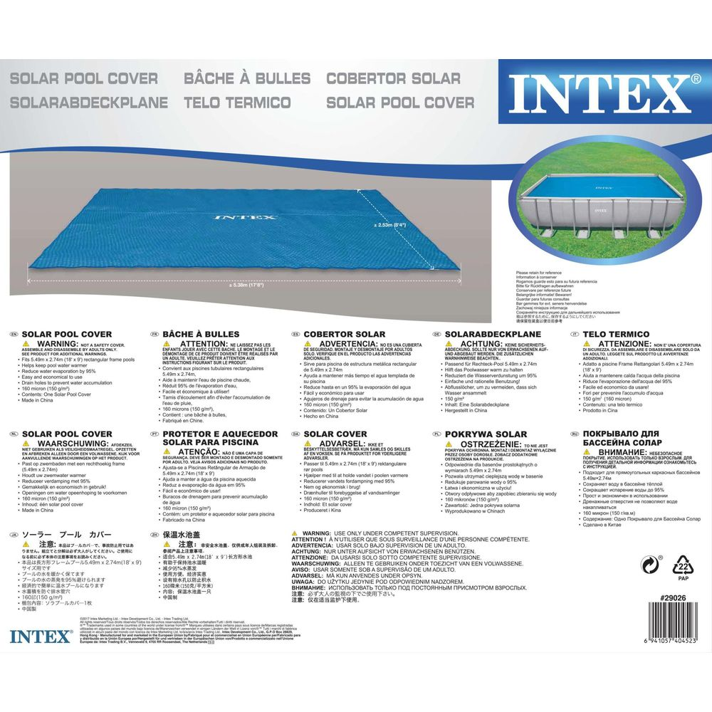 Pokrywa solarna Intex: Niebieska, 5.49m x 2.74m, redukuje parowanie.
