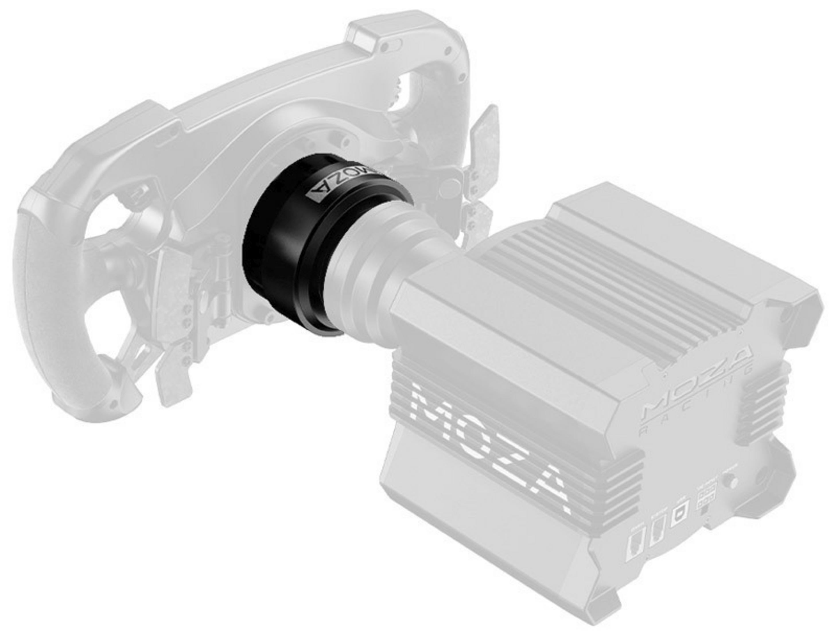 A black adapter connects a steering wheel to a gray base station.