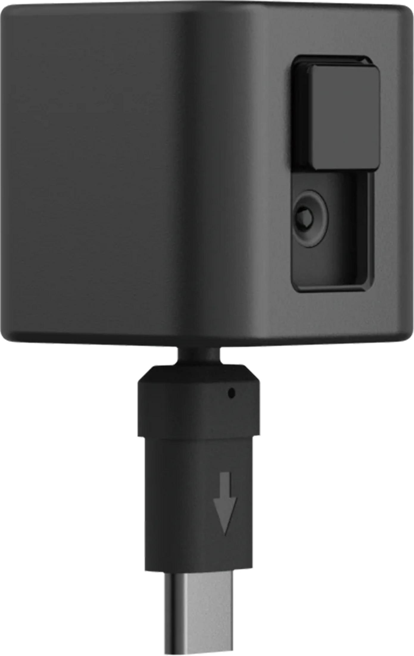 Adattatore nero con spina USB-C e segno di freccia.