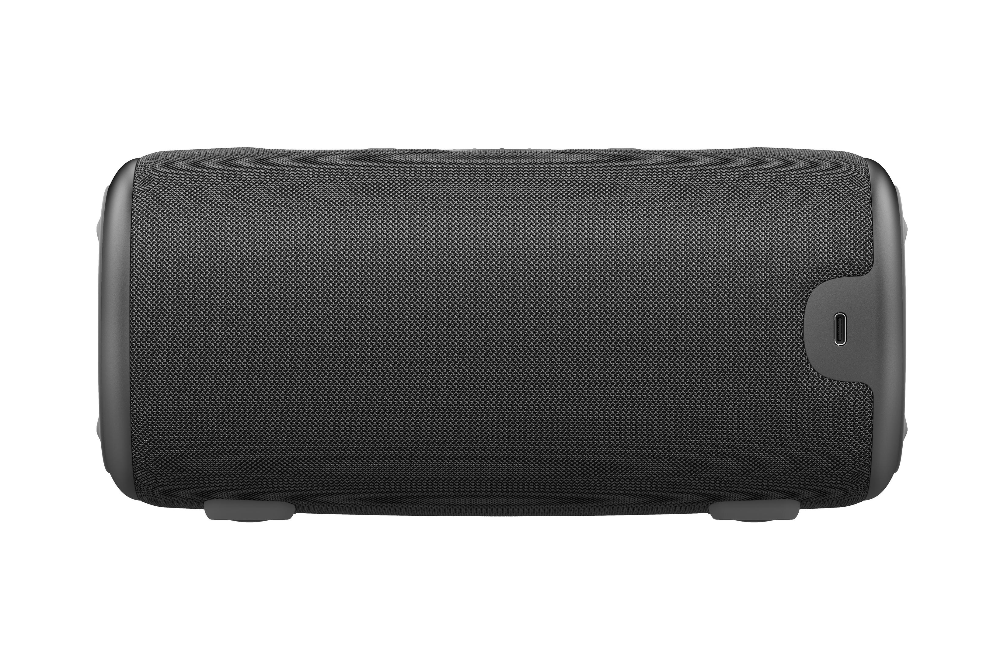 Schwarzer tragbarer Lautsprecher mit USB-C-Anschluss und Gittermuster.