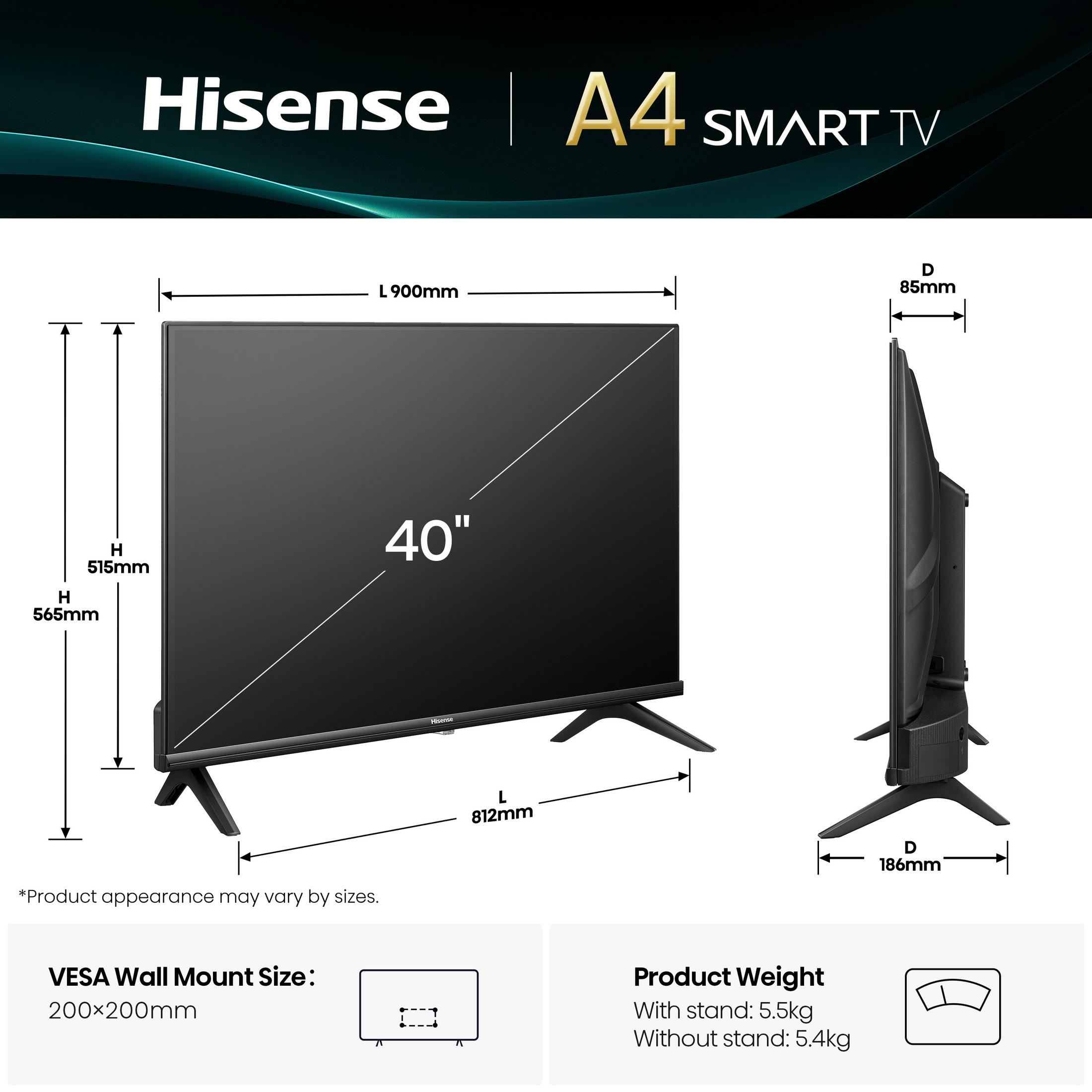 Ein 40-Zoll-Hisense-Fernseher mit Maßen und Gewicht.