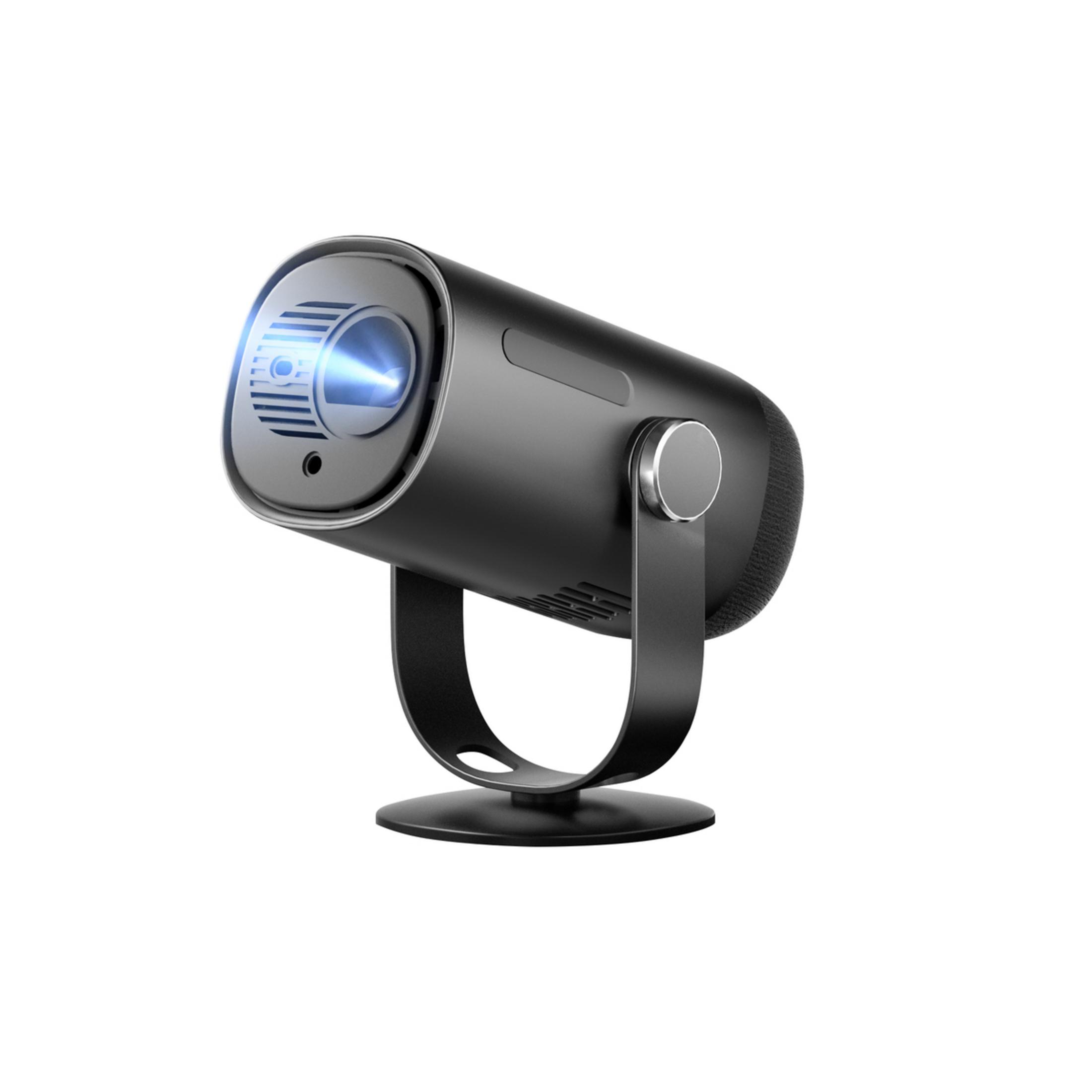 Kompaktowy czarny projektor emitujący niebieską wiązkę światła, na stojaku.